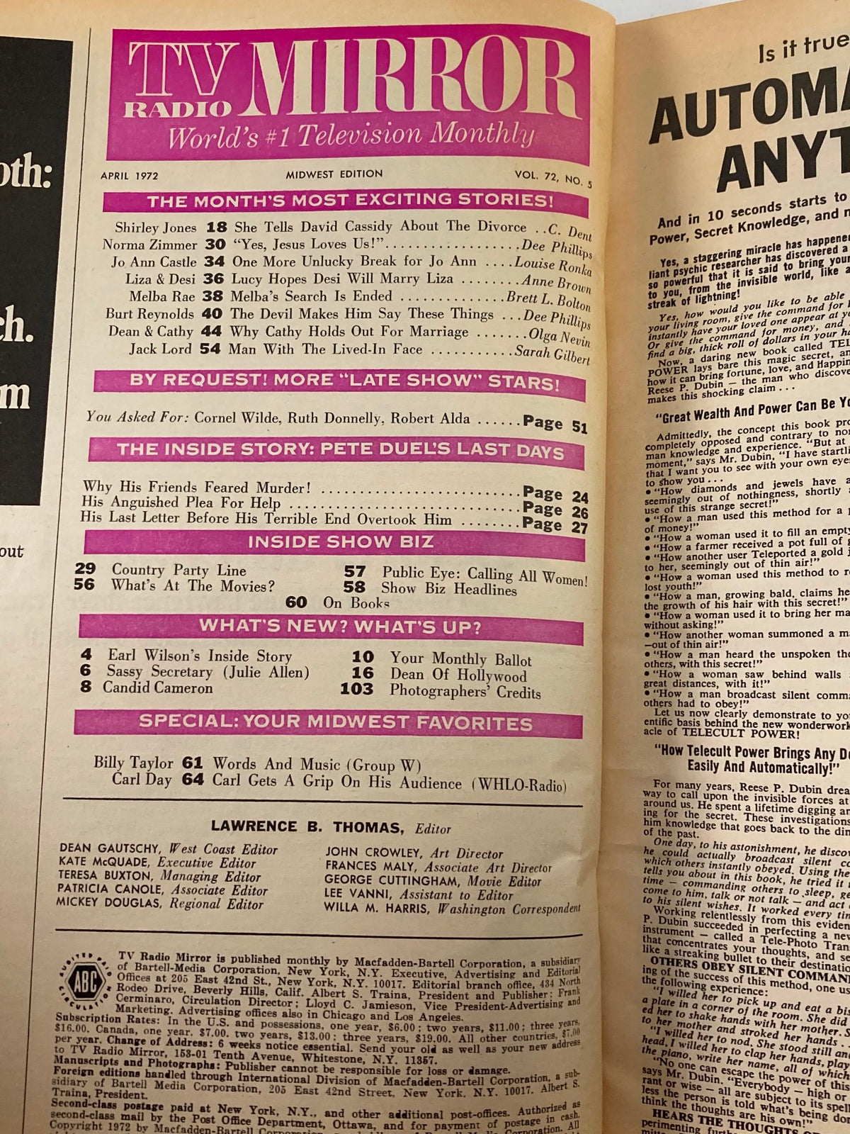Inside page of VTG TV Radio Mirror Magazine April 1971 listing exciting stories, including articles about Pete Duel.