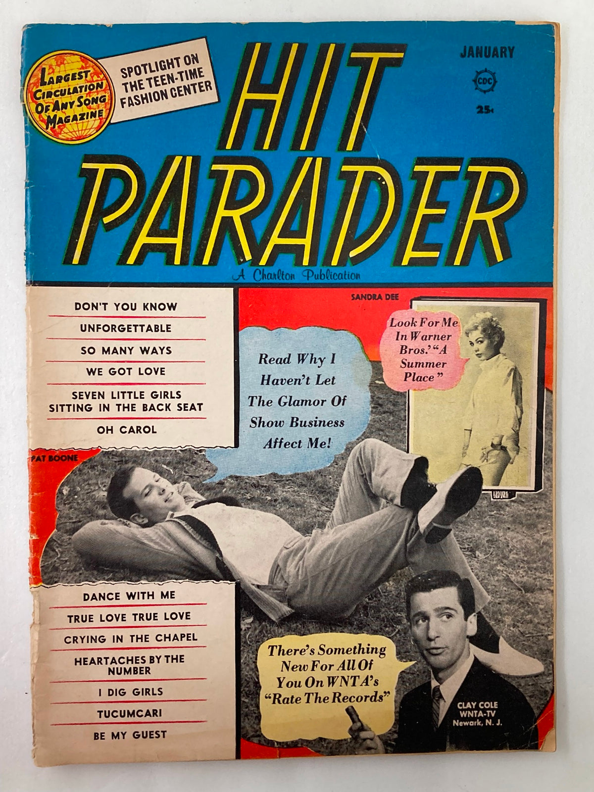 Cover of VTG Hit Parader Magazine January 1960 featuring Clay Cole and Pat Boone, showcasing articles and music trends of the era.