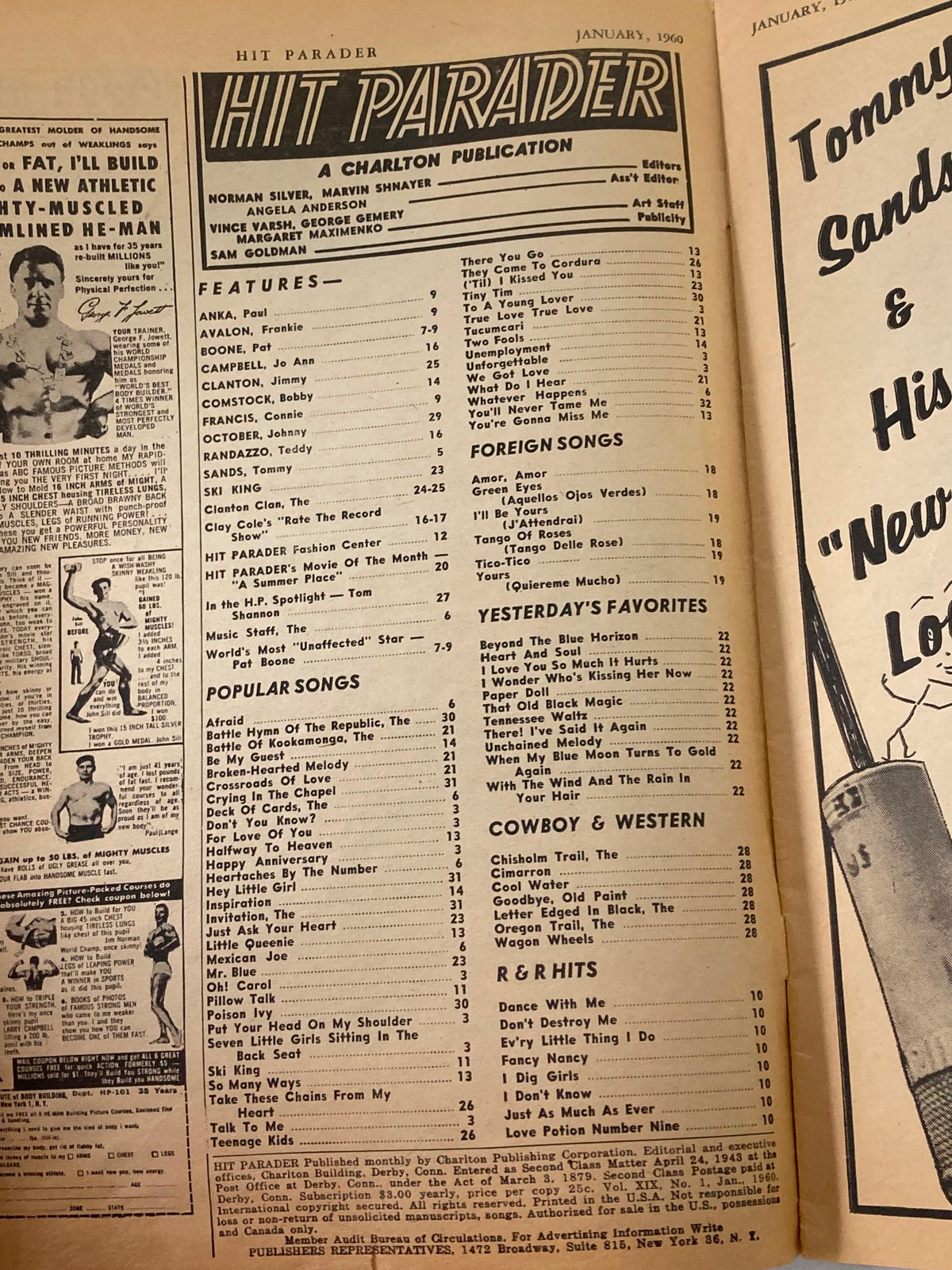 Table of contents from VTG Hit Parader Magazine January 1960, featuring popular songs and notable features from that era.