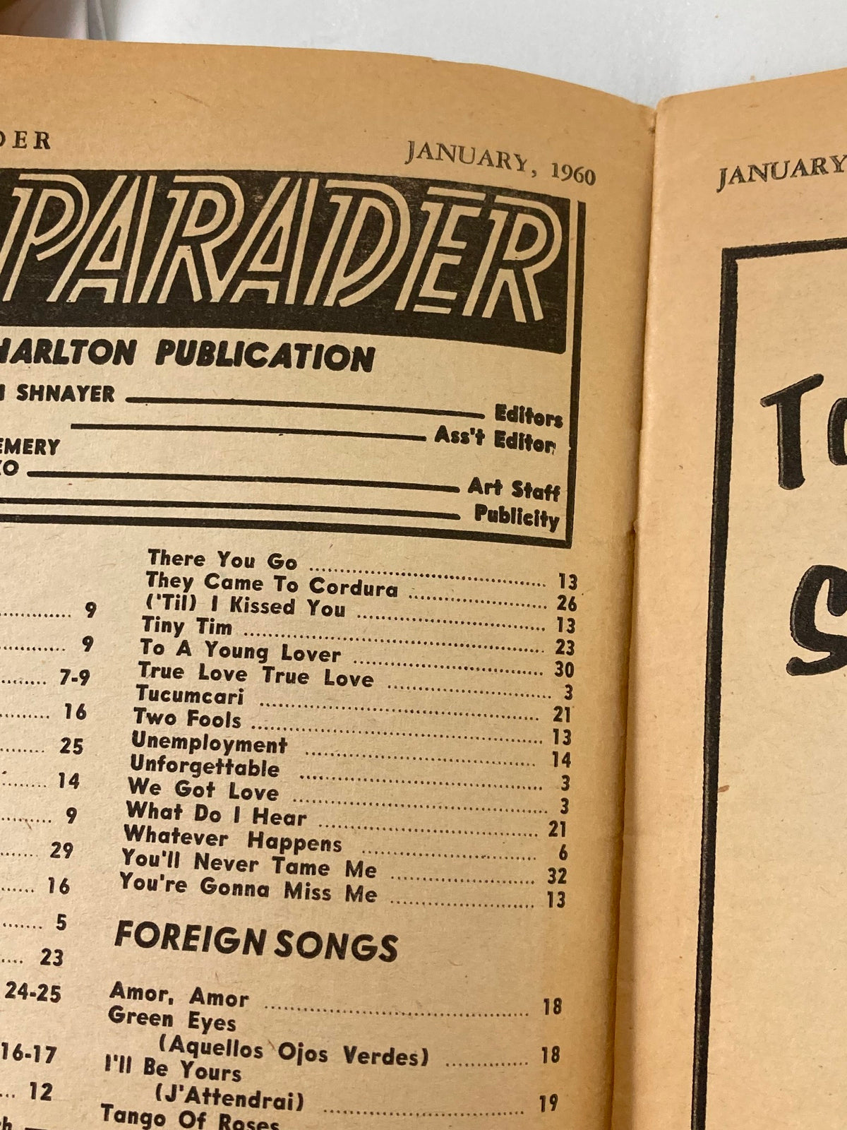 Interior page of VTG Hit Parader Magazine January 1960 displaying song listings and foreign songs from the issue.