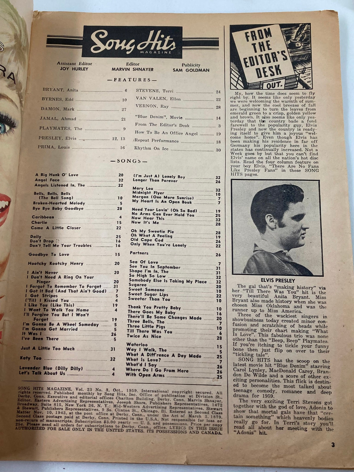 Inside page of VTG Song Hits Magazine October 1959 displaying the table of contents, including featured artists like Elvis Presley.