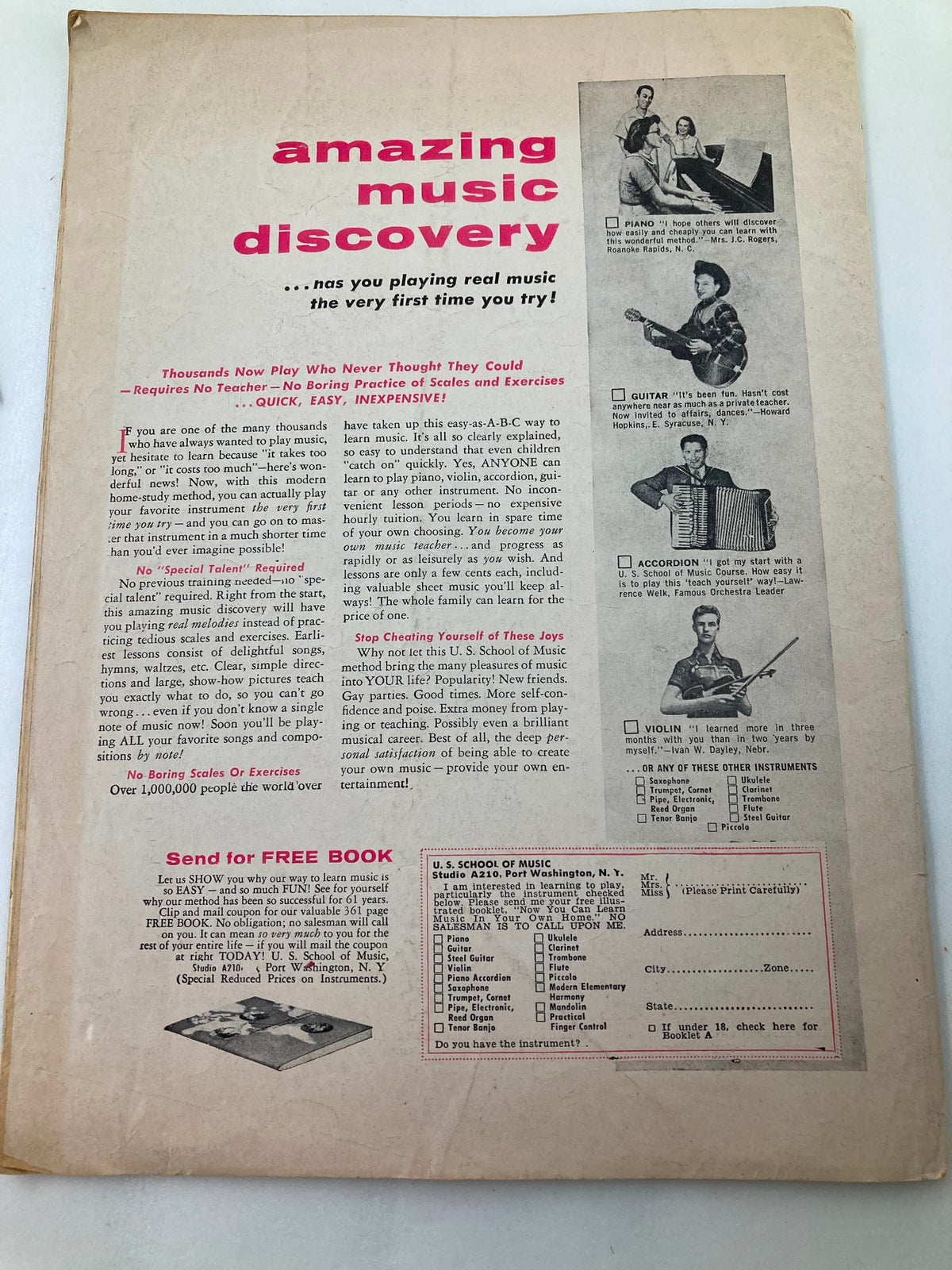 Back cover of VTG Song Hits Magazine October 1959 promoting a music discovery program with visuals of instruments and a sign-up form.
