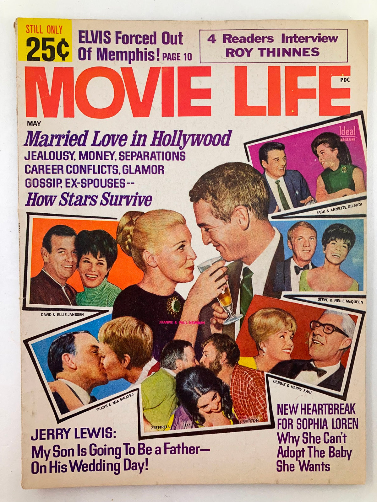 Cover of VTG Movie Life Magazine May 1967 showcasing Hollywood icons Joanne Woodward, Paul Newman, Frank Sinatra, and Mia Farrow with a vibrant layout featuring headlines about celebrity life and relationships.