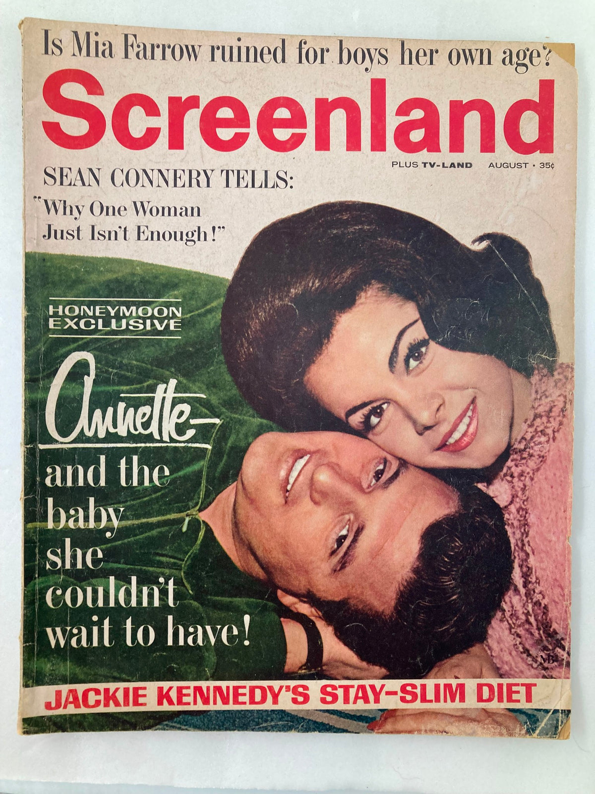 VTG Screenland Magazine August 1965 Cover featuring Sean Connery and Mia Farrow, showcasing headlines about Sean Connery and articles including a Honeymoon Exclusive.