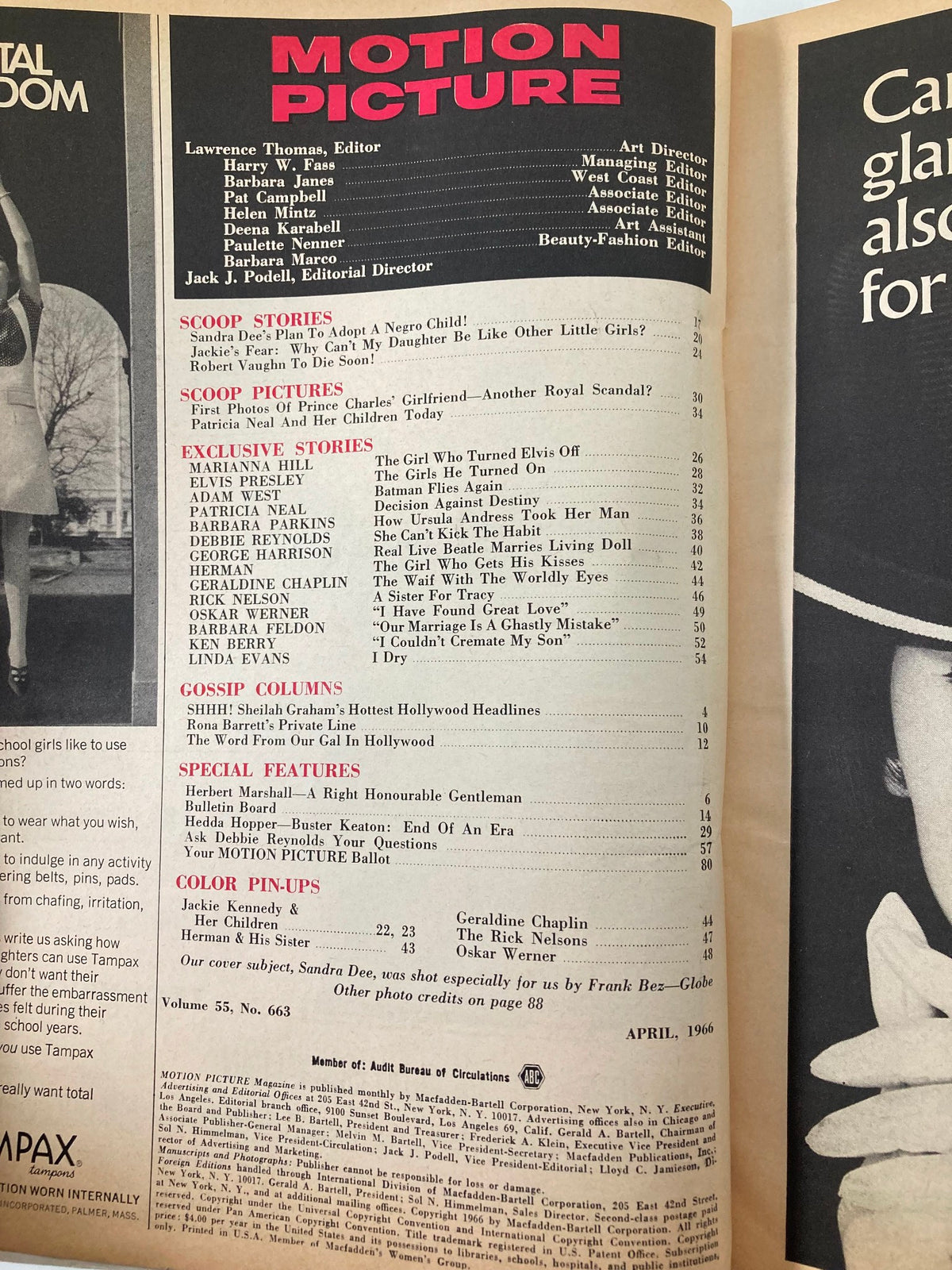 Interior page of VTG Motion Picture Magazine April 1966 Vol 55 #663 featuring the table of contents and articles including prominent figures in cinema like Sandra Dee, Elvis Presley, and Geraldine Chaplin.