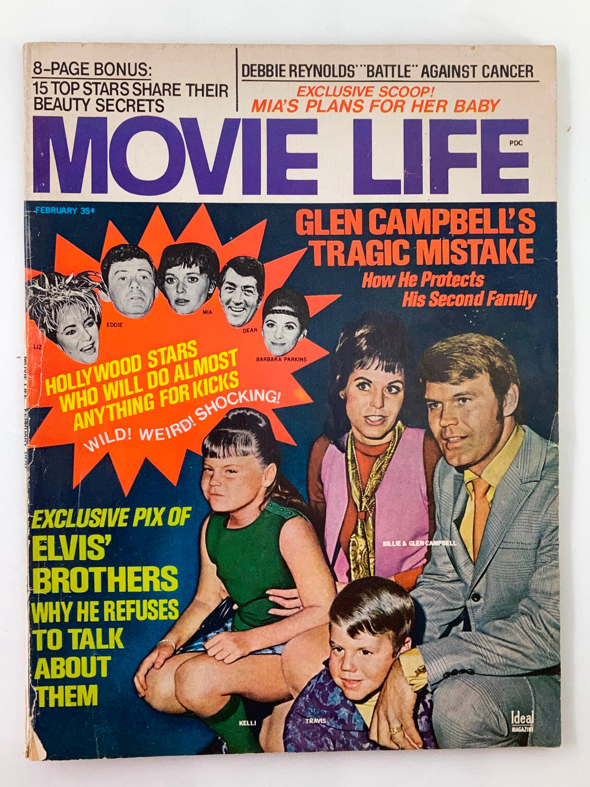 Cover of VTG Movie Life Magazine February 1970 featuring Billie and Glen Campbell, showcasing vintage photography and headlines about Hollywood stars, with vibrant colors and nostalgic design.
