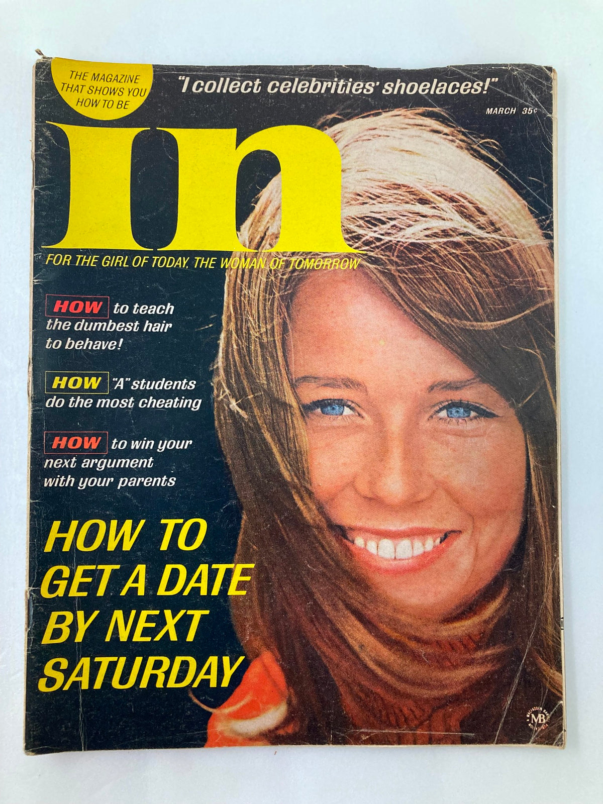 Front cover of VTG IN Magazine March 1966 featuring the article 'How To Get A Date by Next Saturday' and a smiling woman with long hair.