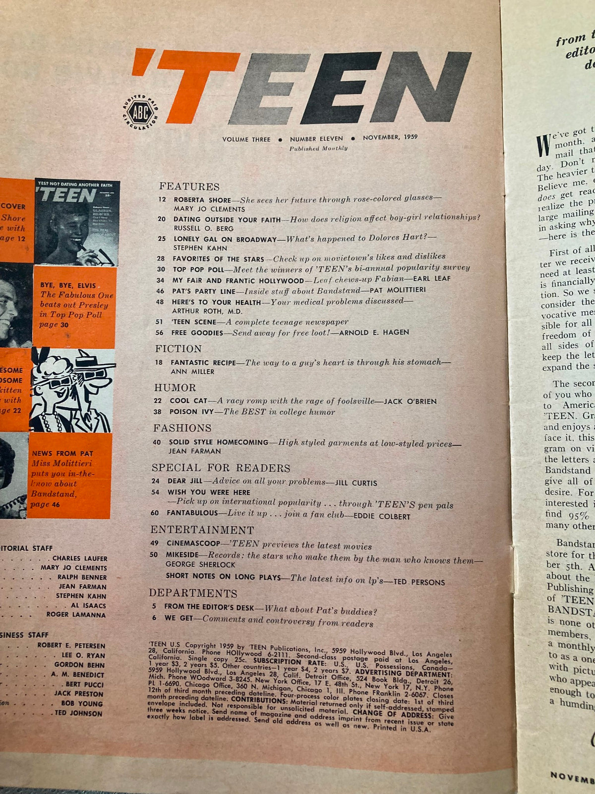 Contents page of VTG Teen Magazine November 1959 Vol 3 #11 titled 'The Real Scoop About Bandstand' featuring articles on teenage culture, music, and entertainment.