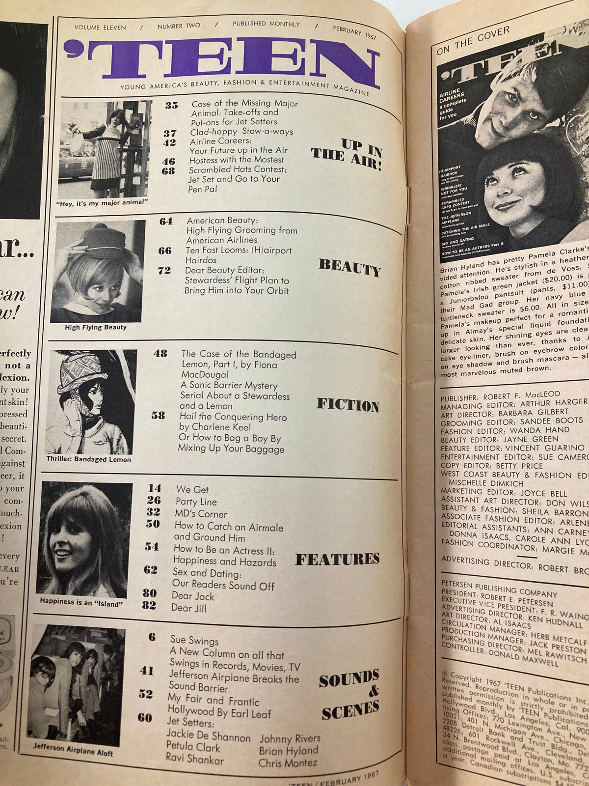 Interior page of VTG Teen Magazine February 1967 showing the table of contents and highlights of articles including beauty and fashion features.