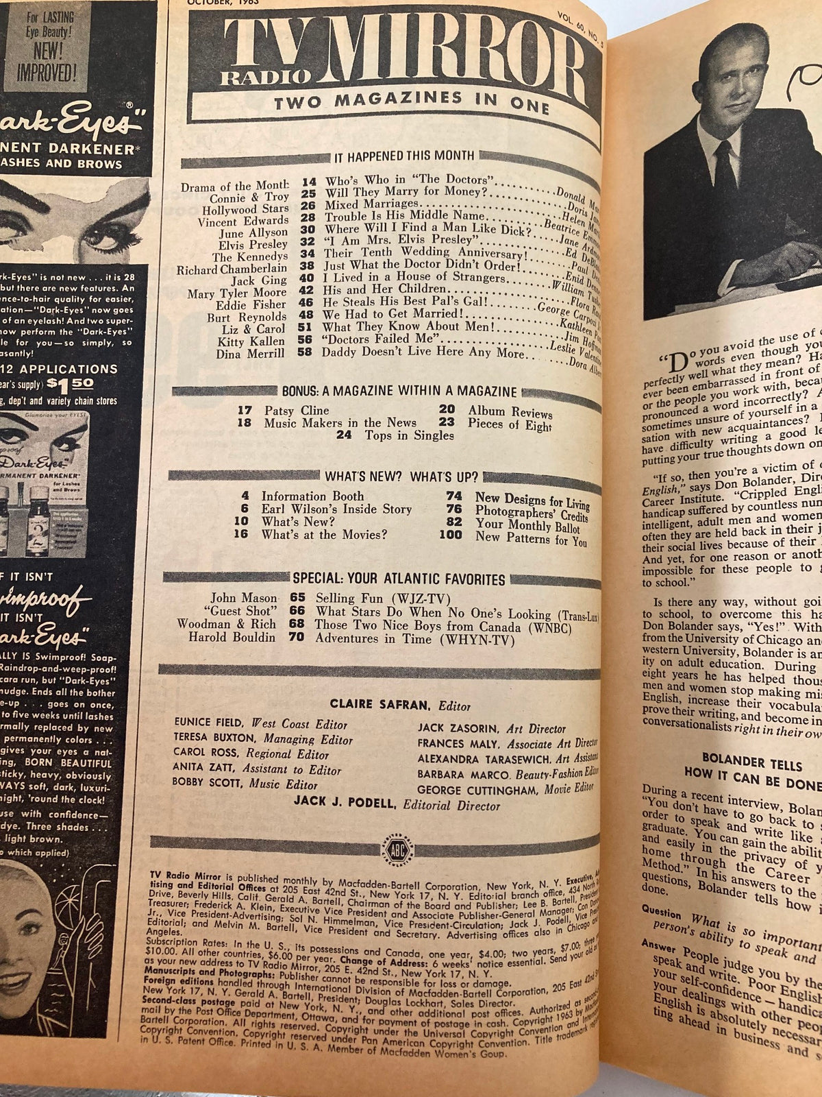 Table of contents page from the VTG TV Radio Mirror Magazine October 1963 detailing featured articles and highlights.