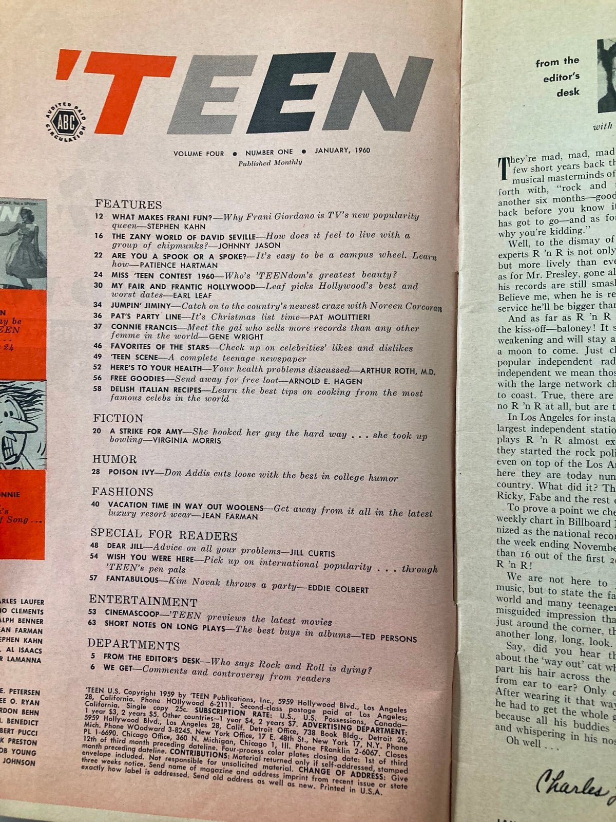 Inside page of the VTG Teen Magazine January 1960, displaying the table of contents with various articles about teen culture and entertainment.