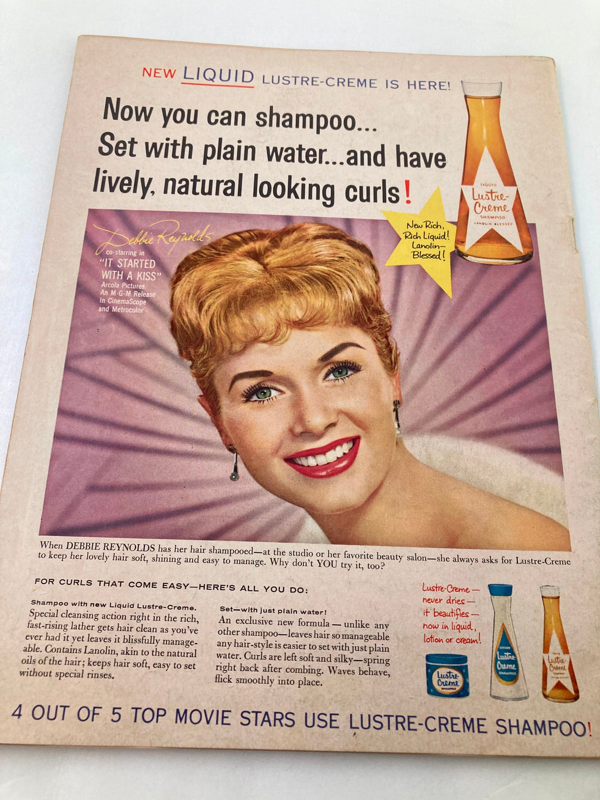 Back cover of the VTG Teen Magazine January 1960, showcasing an advertisement for Lustre-Creme shampoo featuring Debbie Reynolds.