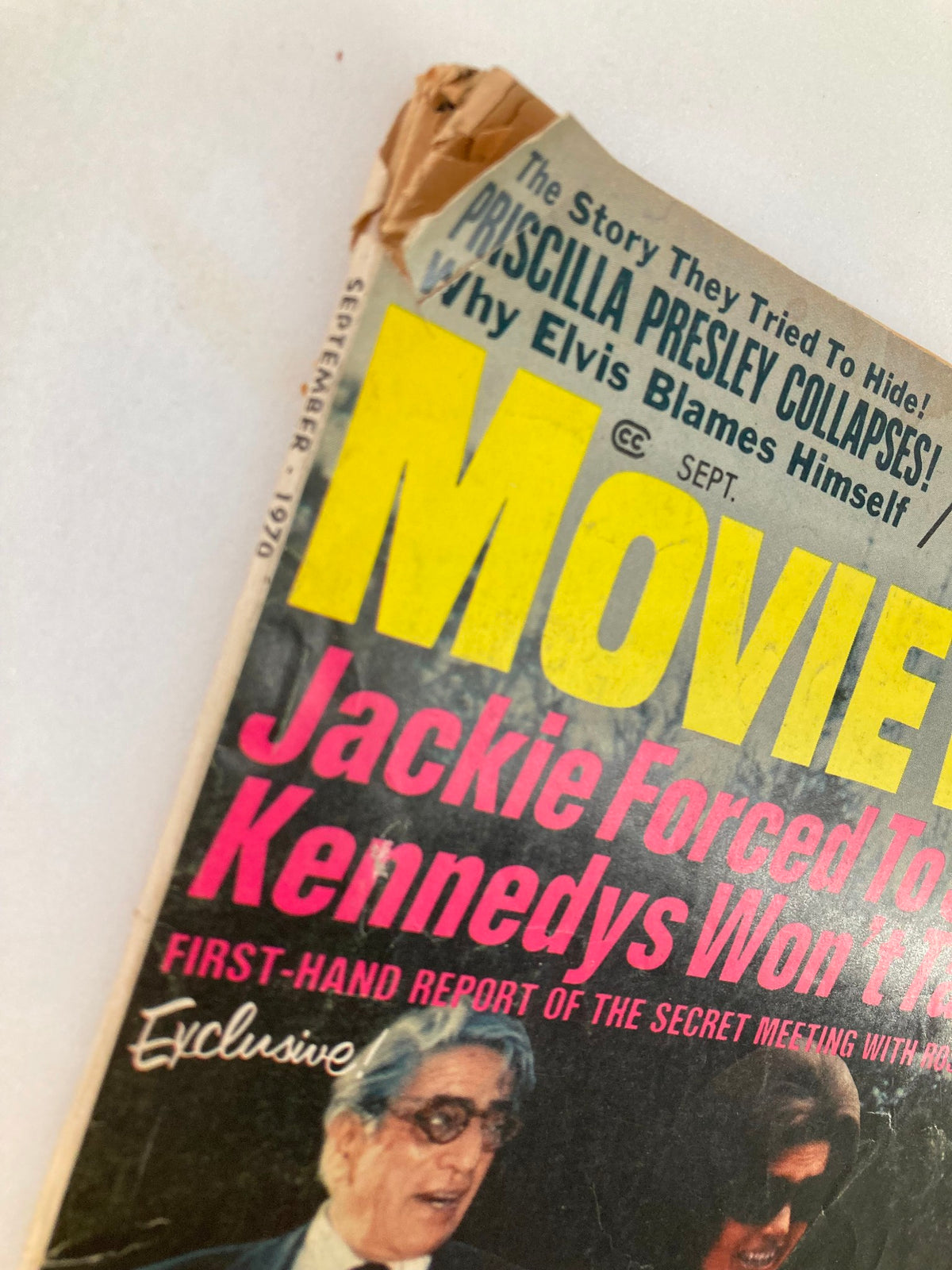 Close-up of the Vintage Movie World Magazine September 1970 Vol 15 #9 cover, highlighting the title and key features including exclusive articles on Jackie and the Kennedys.