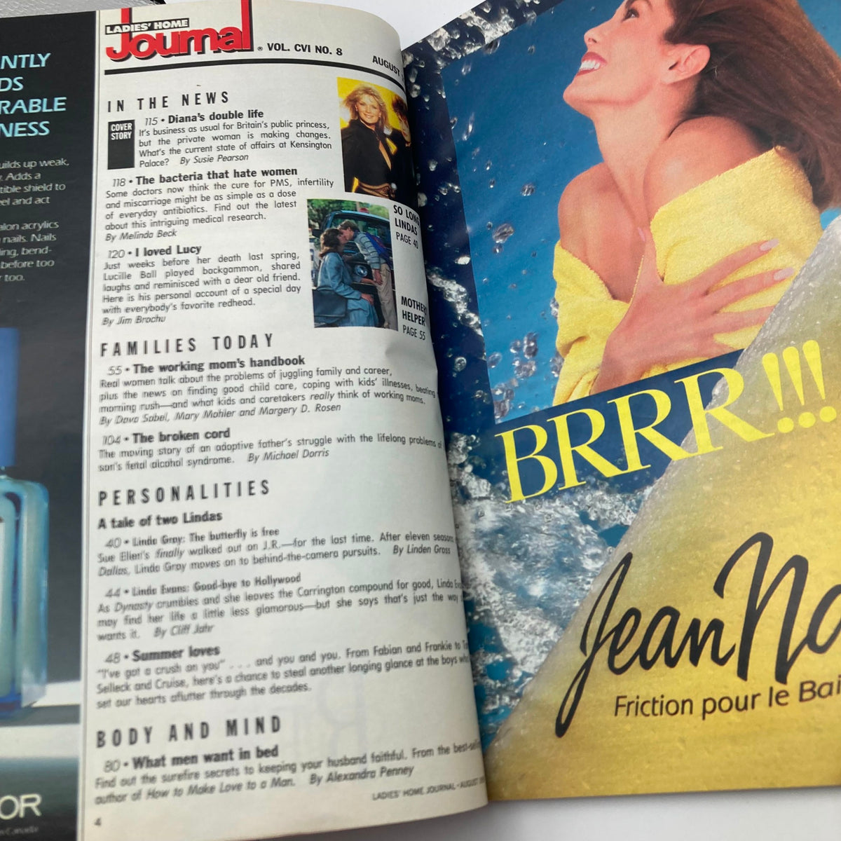Interior page of Ladies' Home Journal August 1989 showcasing articles and features, including a cover story on Princess Diana and a highlight on actress Linda Gray.