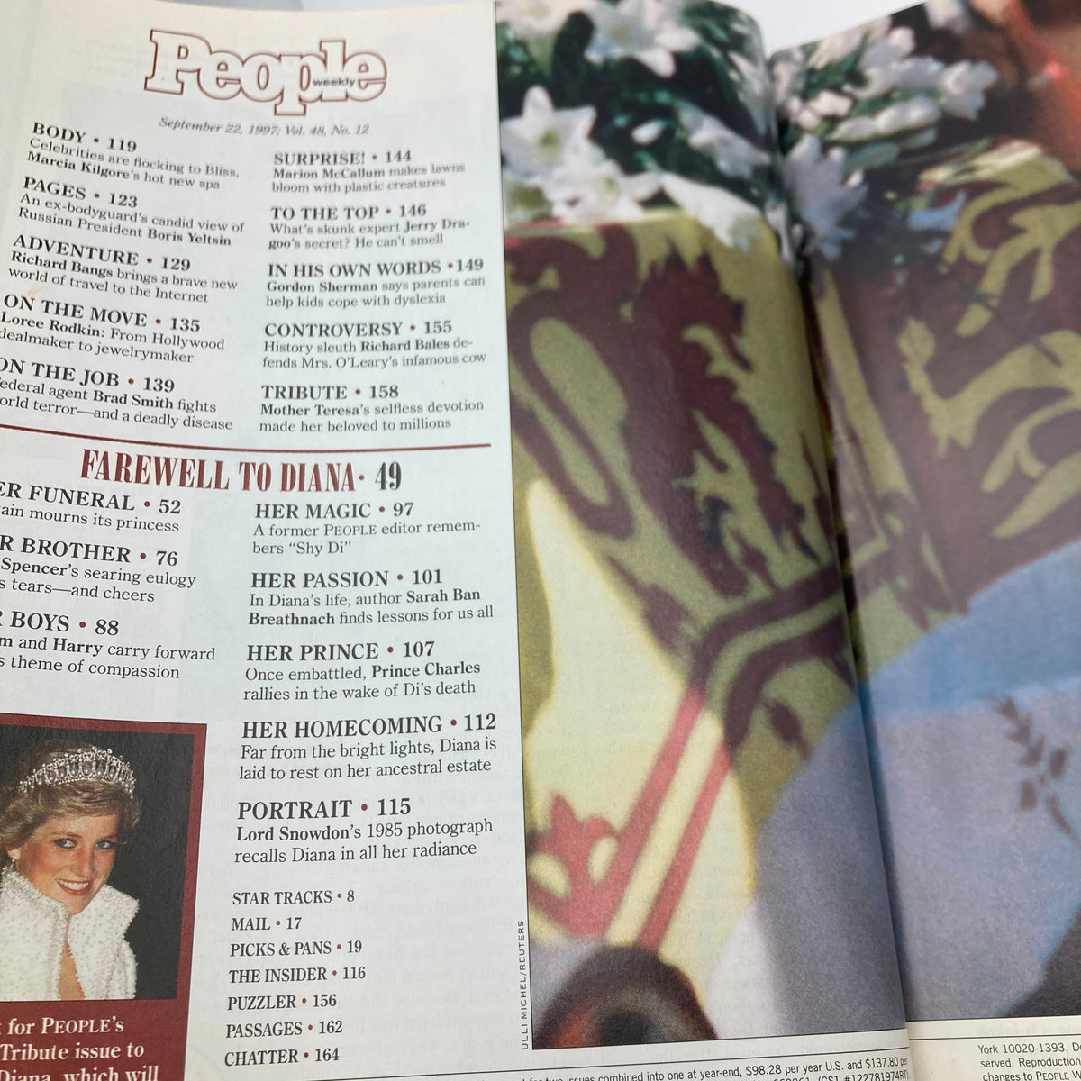 Inside page of People Weekly Magazine dated September 22, 1997, showcasing the table of contents, highlighting the 'Farewell to Diana' section with various articles reflecting on her impact.