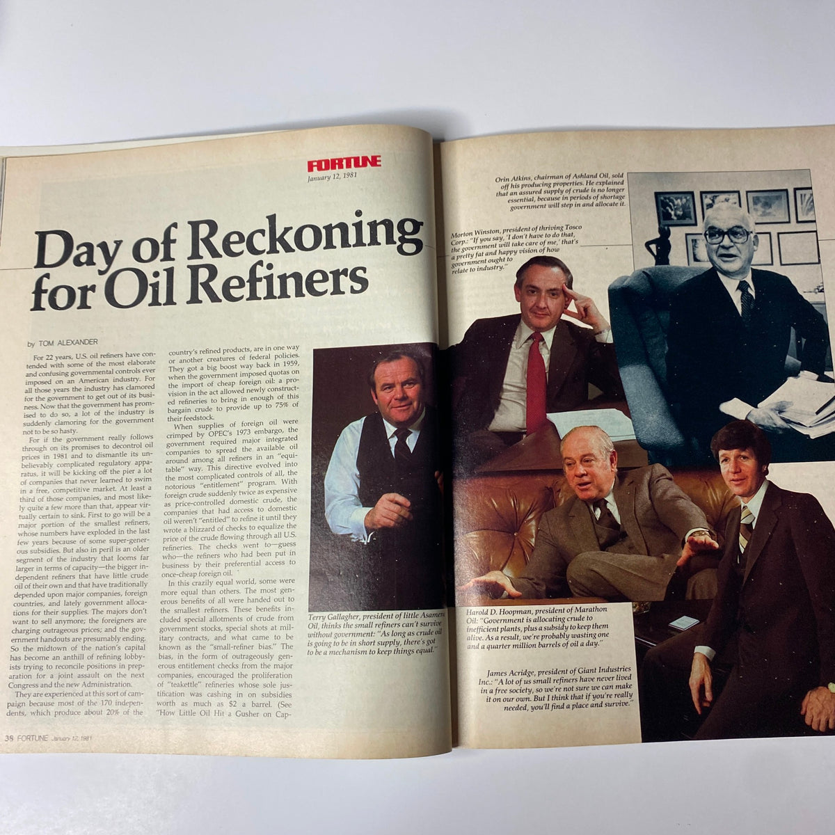Inside spread of Fortune Magazine, January 12, 1981, titled 'Day of Reckoning for Oil Refiners'. The article discusses the impacts of government regulations on the oil industry.
