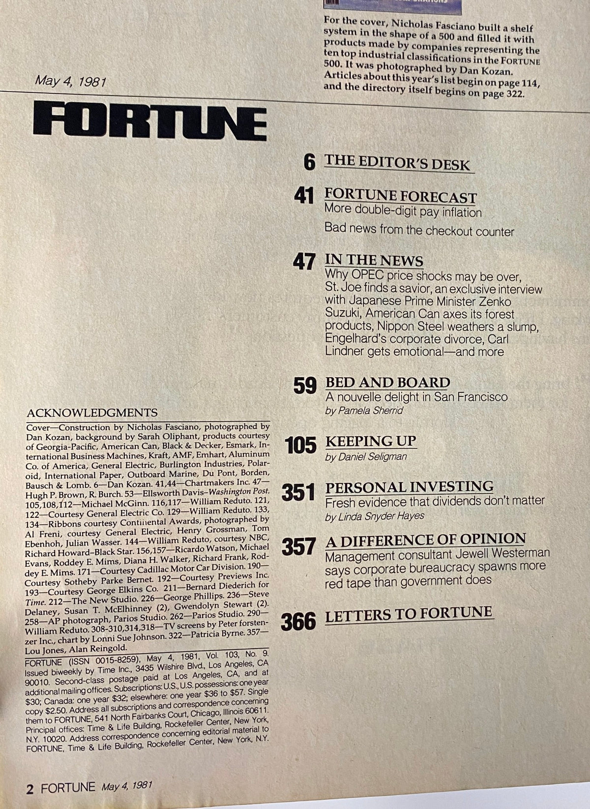 Inside page of Fortune Magazine, May 4, 1981, displaying the table of contents, listing notable articles alongside the magazine's branding, reflecting the focus on business news and economic trends.