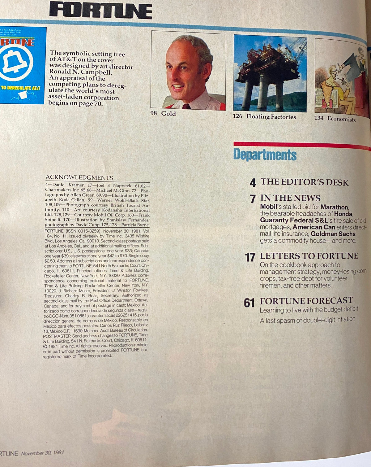 Interior page of Fortune Magazine, November 30, 1981, highlighting the cover design and an acknowledgement section that mentions the magazine's art director, Ronald N. Campbell, relevant to the main article 'How to Deregulate AT&T'.