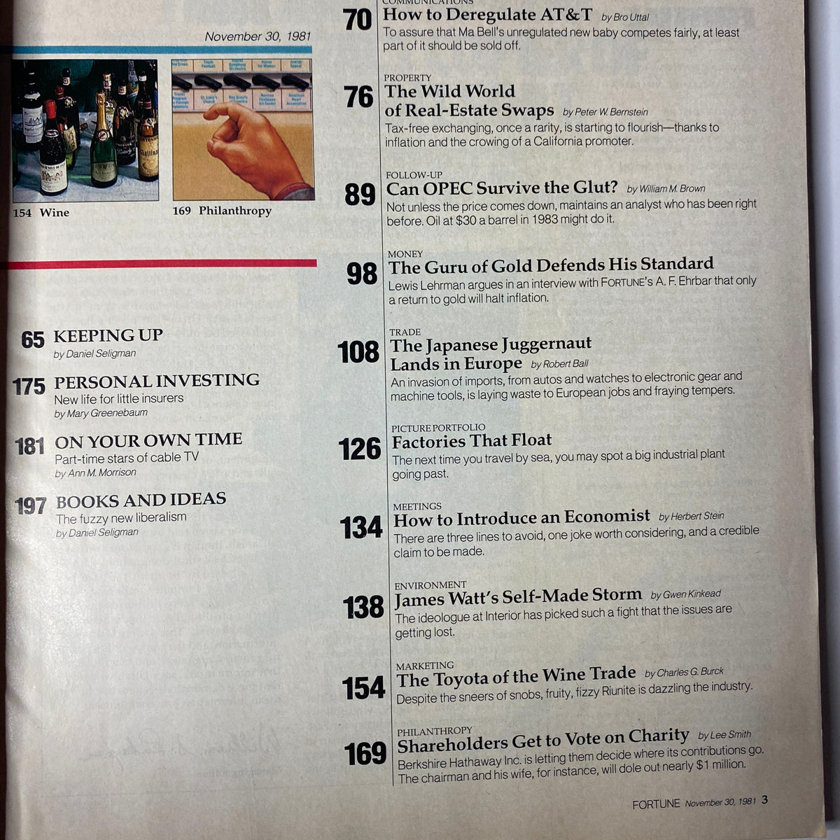 Contents page from Fortune Magazine, November 30, 1981, listing key articles including 'How to Deregulate AT&T' and various economic topics, reflecting critical business insights during the era.