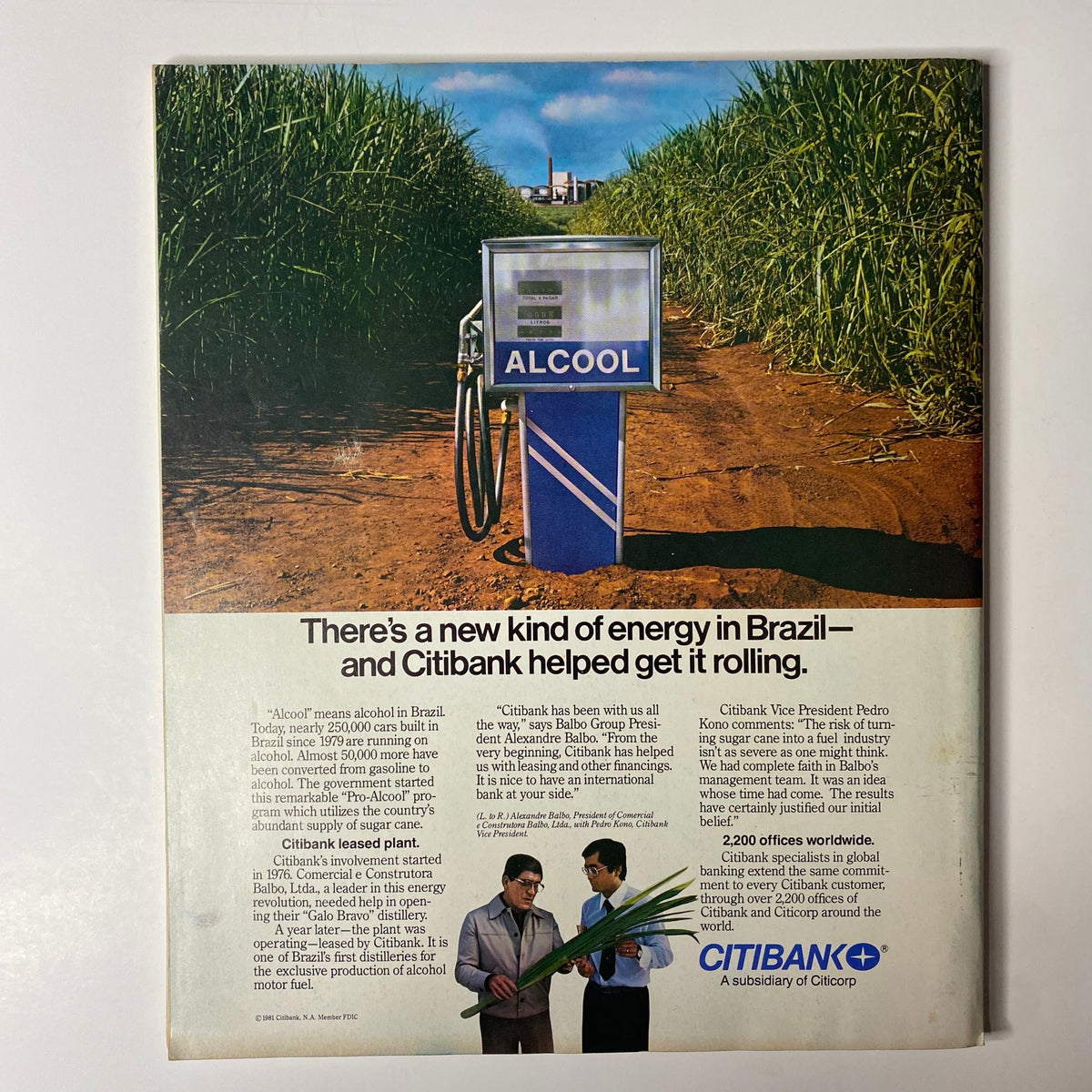 Back cover of Fortune Magazine dated November 30, 1981, showcasing an advertisement for Citibank related to alcohol fuel, set against a background of sugarcane fields.