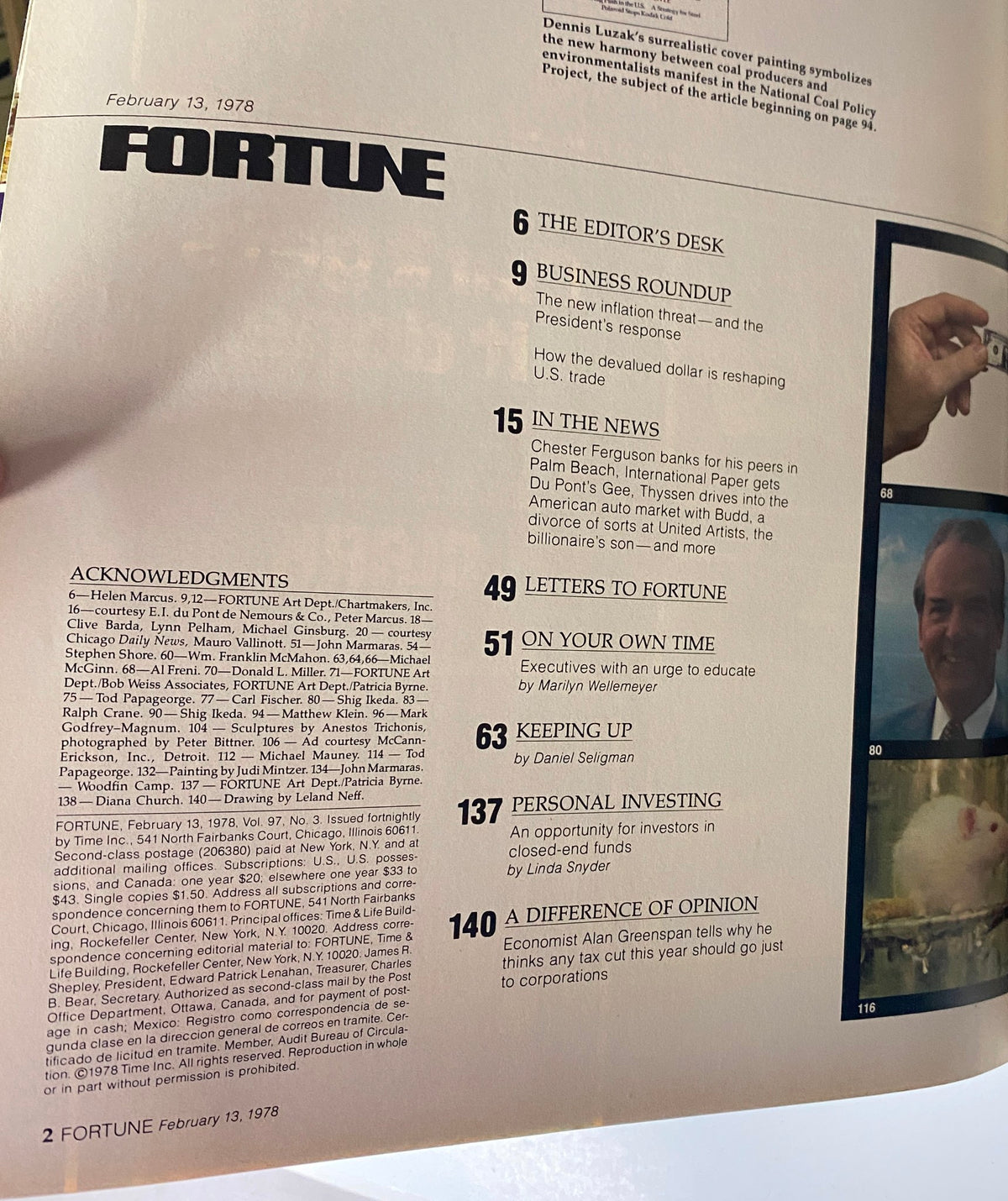 Page from Fortune Magazine dated February 13, 1978, showcasing the table of contents, including notable articles like 'The Editor’s Desk' and 'Business Roundup'.