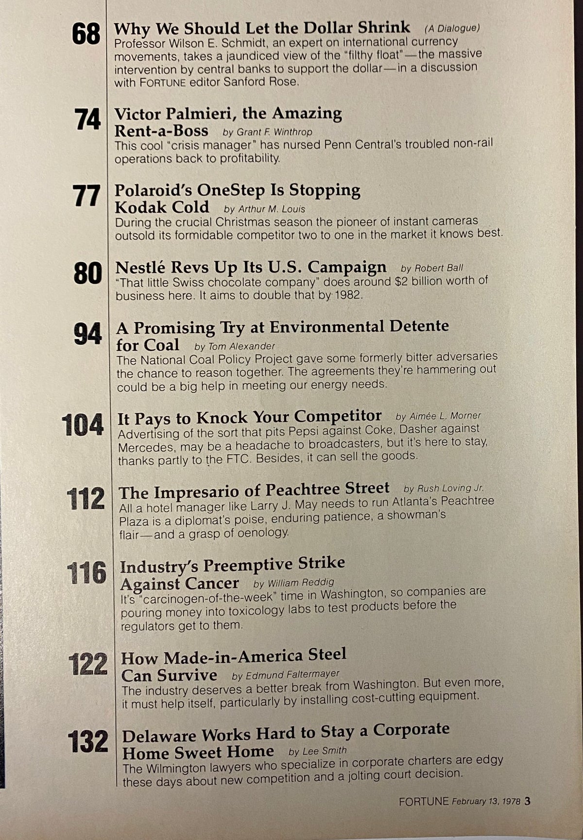 Fortune Magazine page from February 13, 1978, listing articles including 'Why We Should Let the Dollar Shrink' and 'A Promising Try at Environmental Detente for Coal,' illustrating economic discussions of the time.