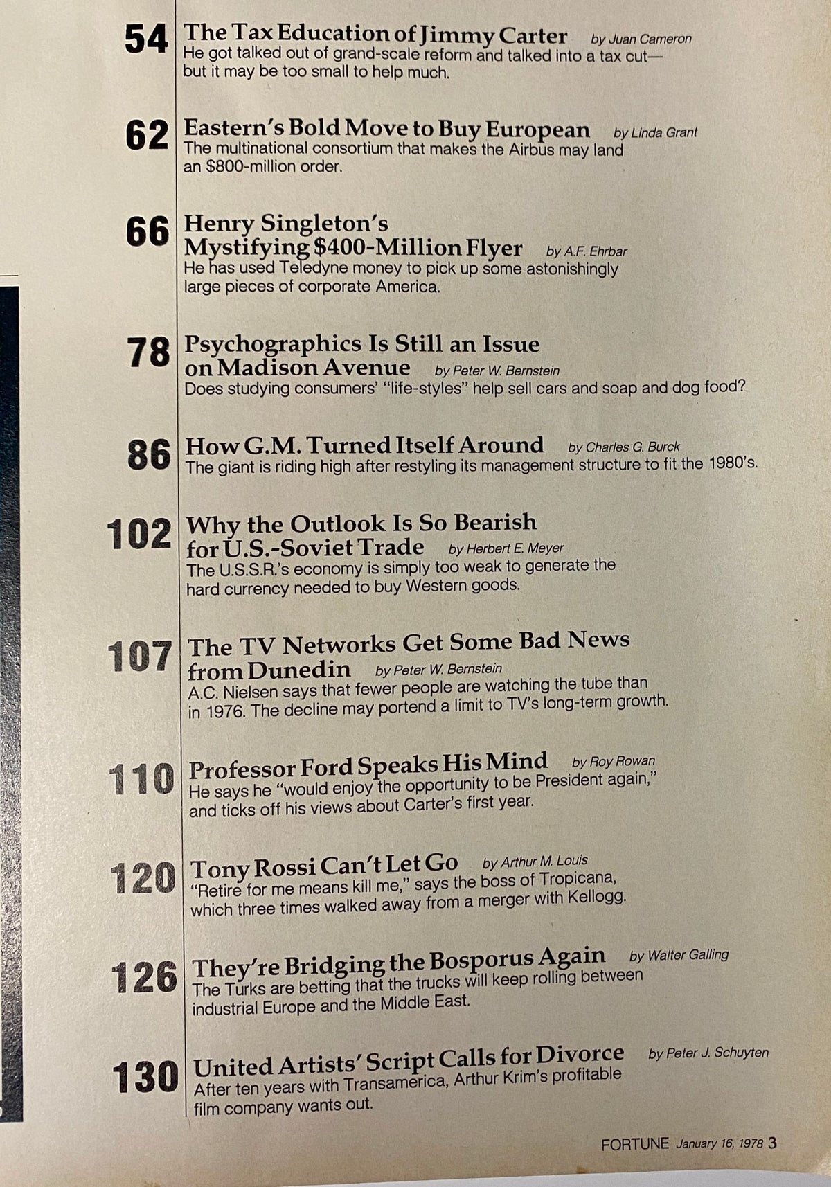 Page listing various articles in Fortune Magazine January 16, 1978, including pieces on U.S.-Soviet trade and personal investing.