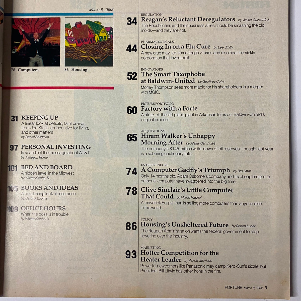 Table of contents from Fortune Magazine, March 8, 1982, highlighting key articles including 'Closing In On A Flu Cure'.