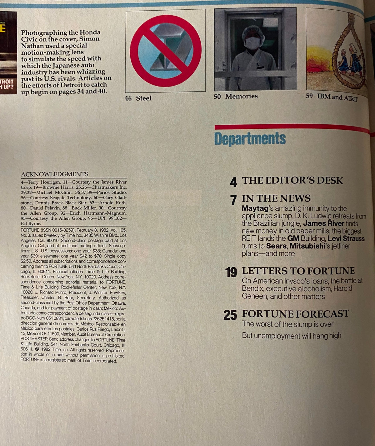 Interior page of Fortune Magazine dated February 8, 1982, showcasing the acknowledgments section with articles on Maytag and IBM, emphasizing business trends and news at the time.