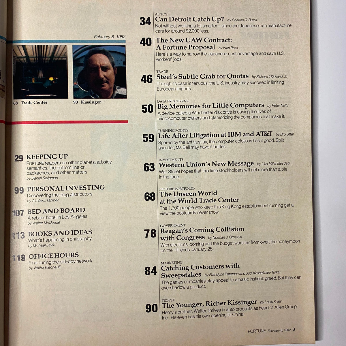 Another interior page of Fortune Magazine February 8, 1982, displaying the contents with article titles like 'Can Detroit Catch Up?' and 'Life After Litigation at IBM and AT&T,' illustrating the magazine's focus on significant business topics.