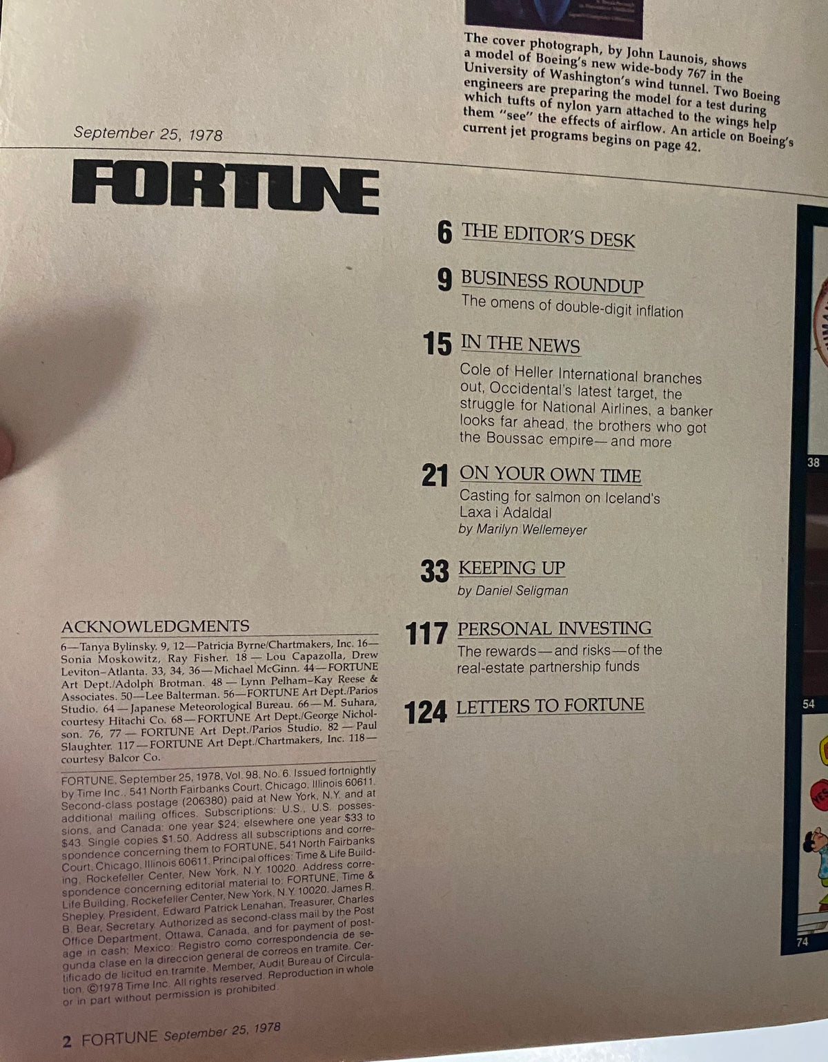 Table of contents page from Fortune Magazine, September 25, 1978, including sections like 'Editor's Desk', 'Business Roundup', and more with an emphasis on Boeing.