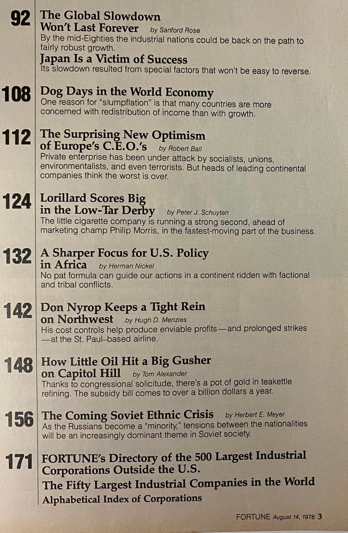 Page from Fortune Magazine August 14, 1978 listing feature articles including insights on global economic slowdown and corporate strategies.