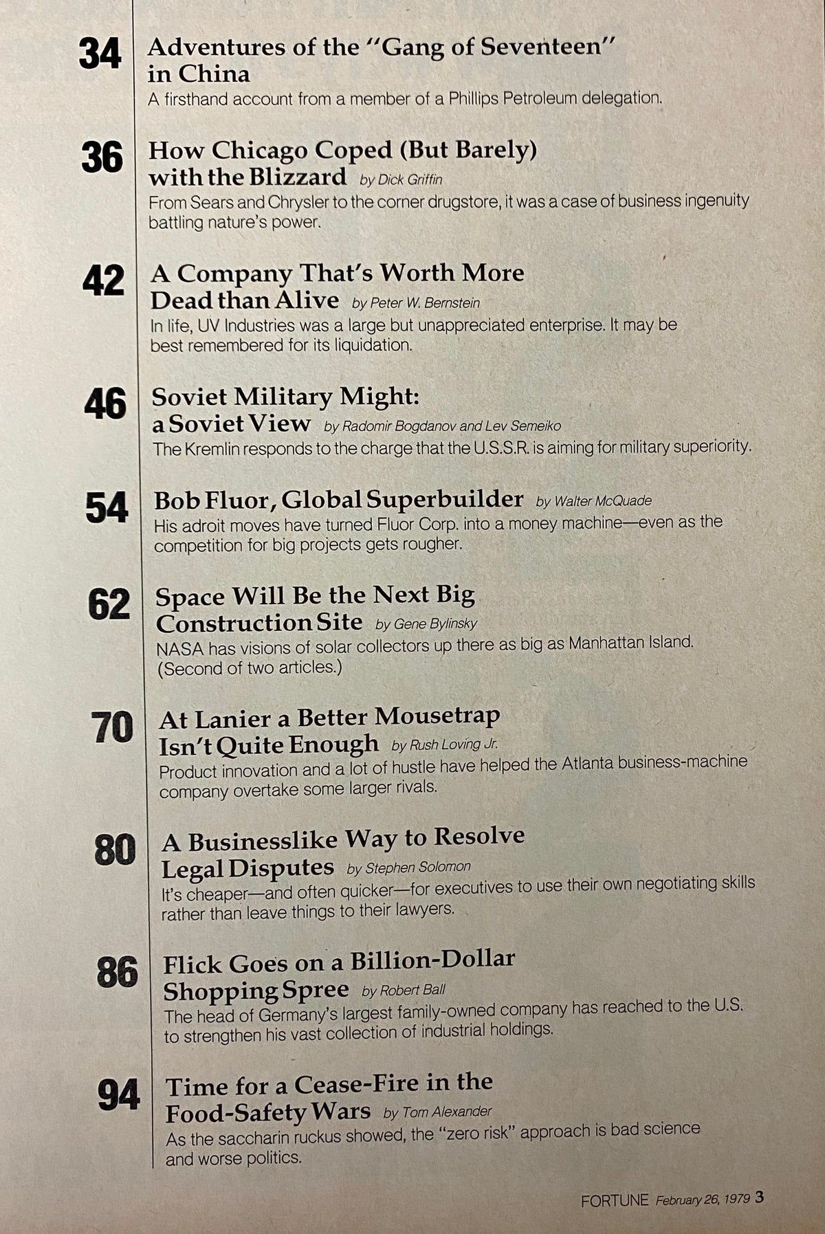 Content page of Fortune Magazine February 26, 1979, highlighting significant features such as articles on Soviet military might and corporate strategies.