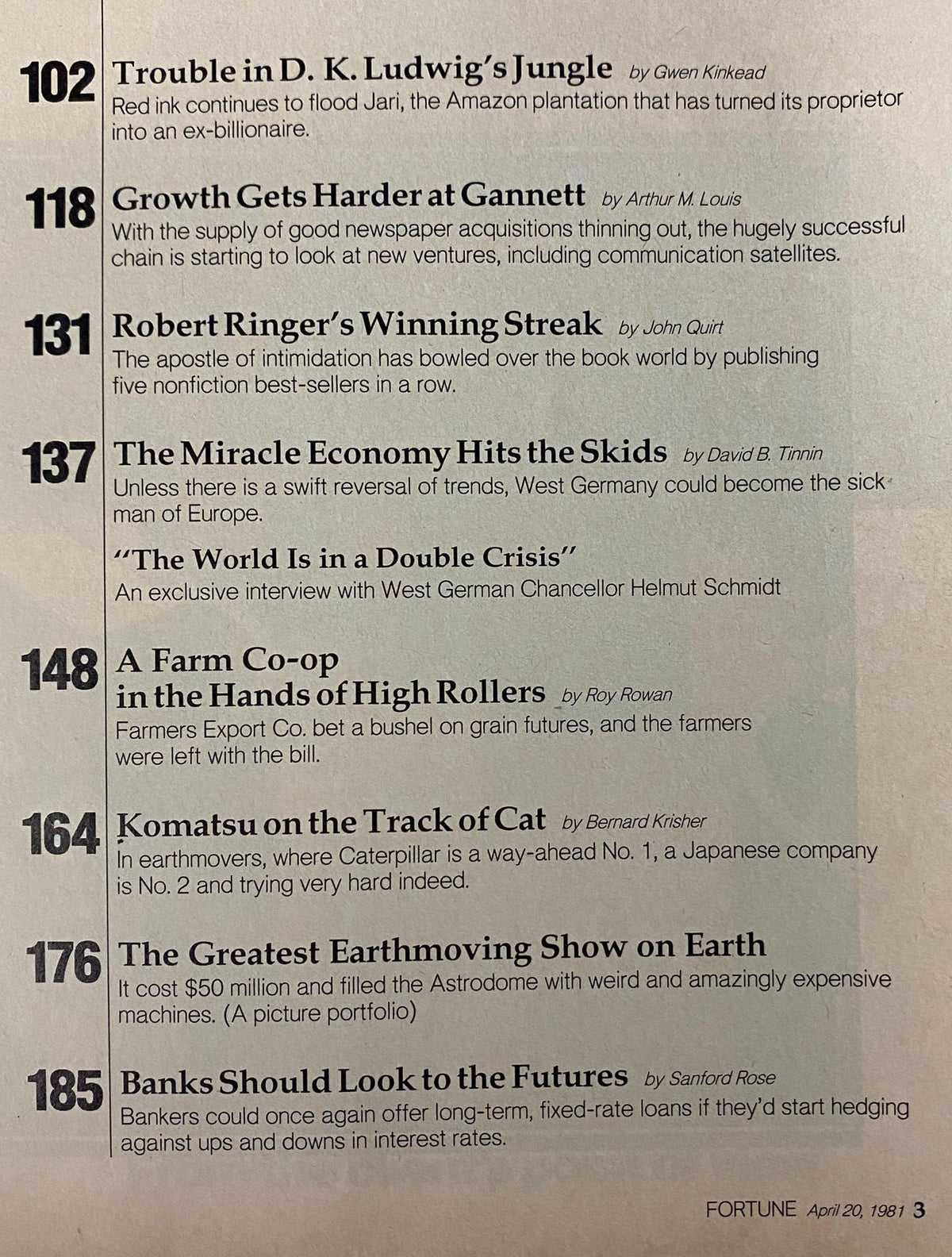 Page featuring article titles from the April 20, 1981 issue of Fortune Magazine, highlighting 'Trouble in D.K. Ludwig's Jungle' among other business topics.