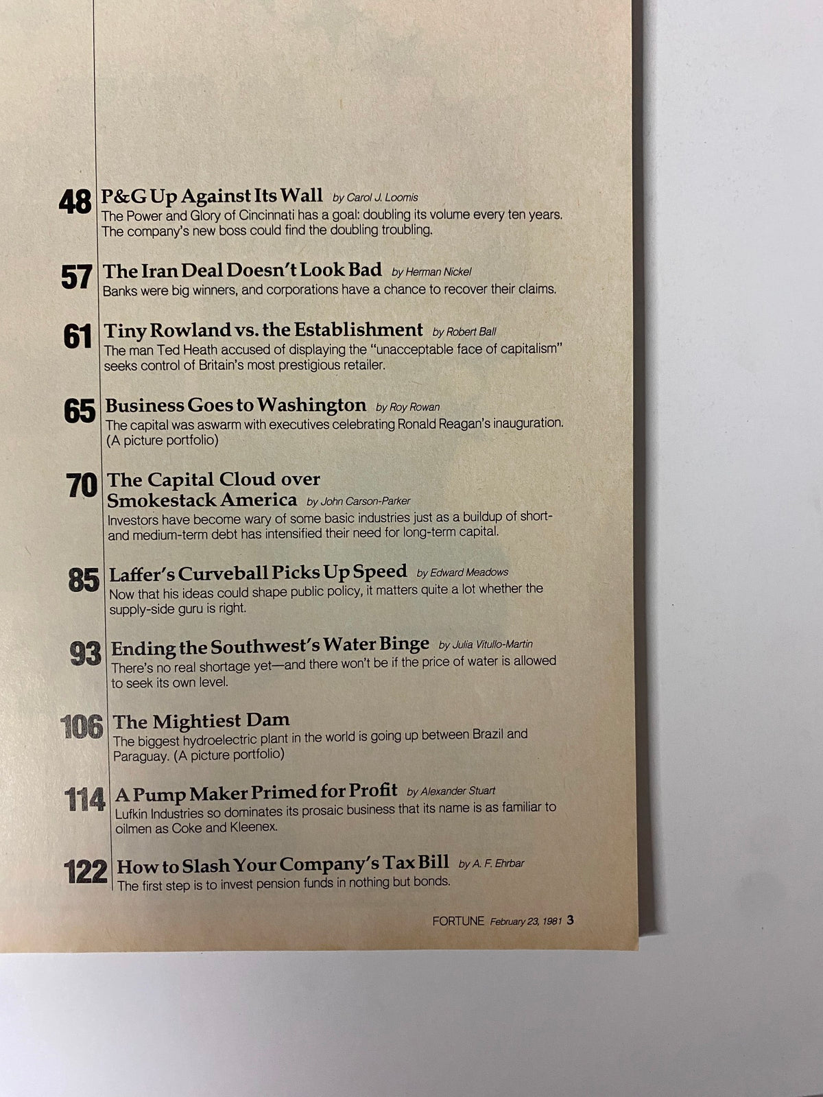 Table of contents from Fortune Magazine February 23, 1981 listing featured articles and topics relevant to the business landscape.