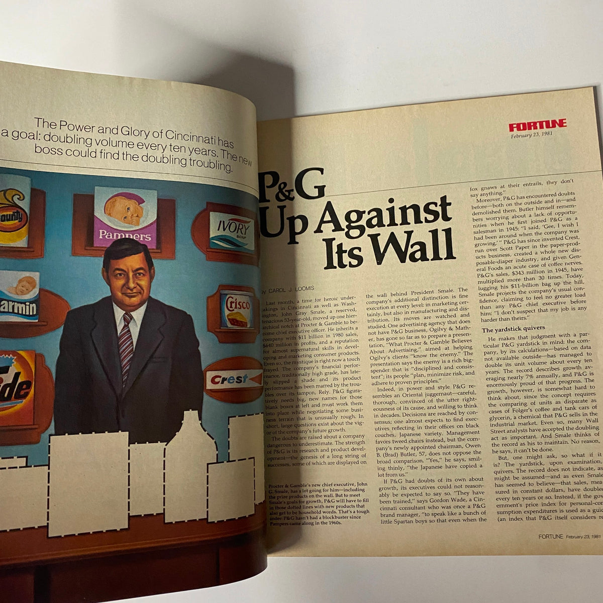 Article page from Fortune Magazine February 23, 1981 titled 'P&G Up Against Its Wall' featuring discussion on Procter & Gamble's business strategies.