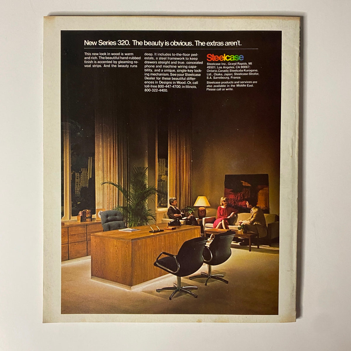 Vintage advertisement from Fortune Magazine February 23, 1981, showcasing an office interior with stylish furniture, highlighting Steelcase's Series 320 design. This image reflects professional aesthetics of the early 1980s.