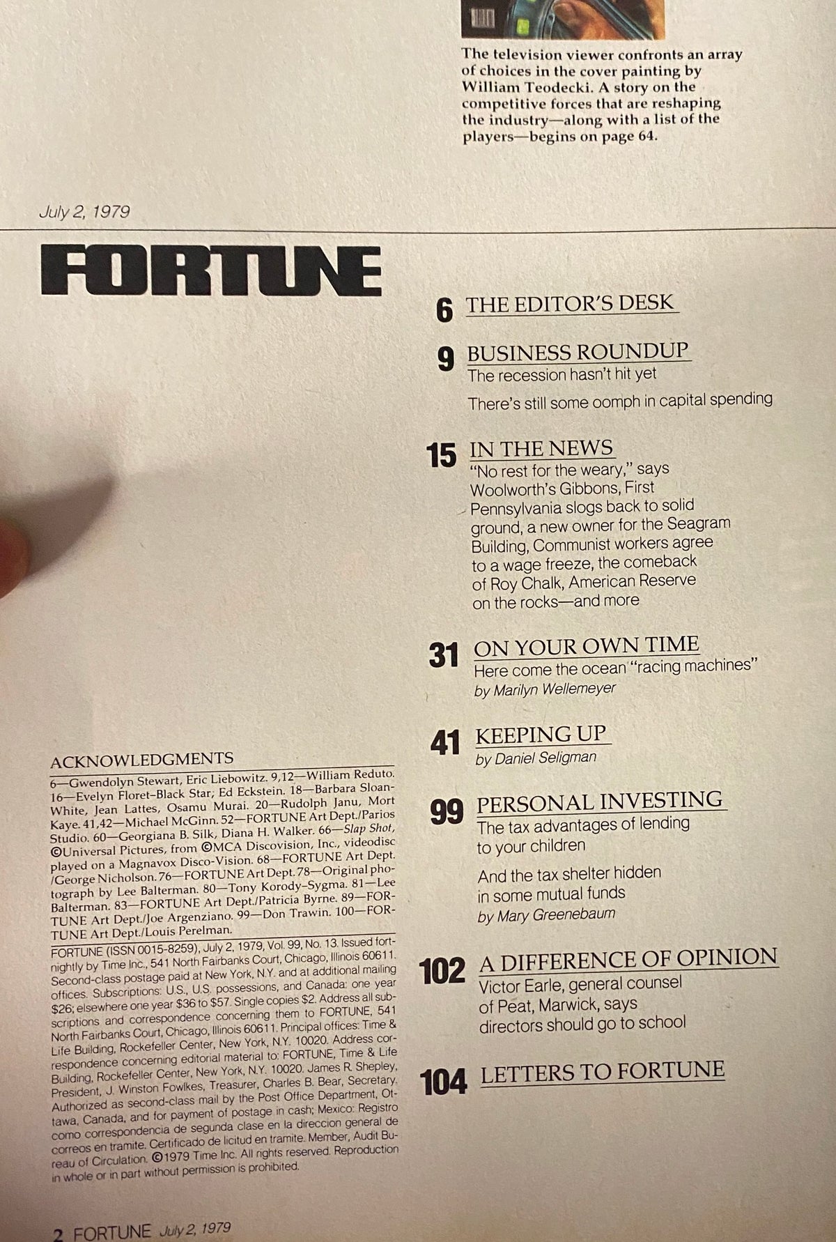 Table of contents page from Fortune Magazine, July 2, 1979, highlighting key sections and articles including 'Television's Expanding World'.