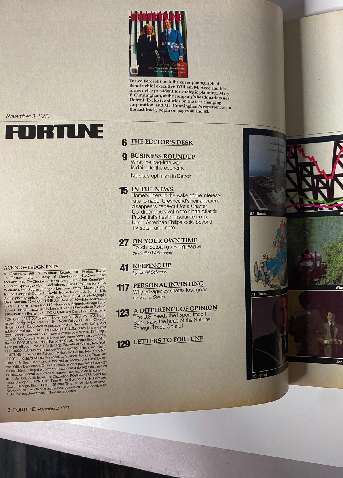 Interior page of Fortune Magazine dated November 3, 1980, featuring content highlights and articles related to business dynamics during a transformative period in corporate America.