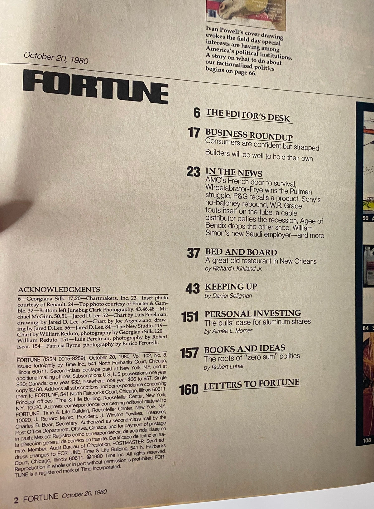 Table of contents page from Fortune Magazine October 20, 1980 outlining notable sections including 'The Editor's Desk', 'Business Roundup', and 'Personal Investing', showcasing the magazine's focus on political and economic analysis.