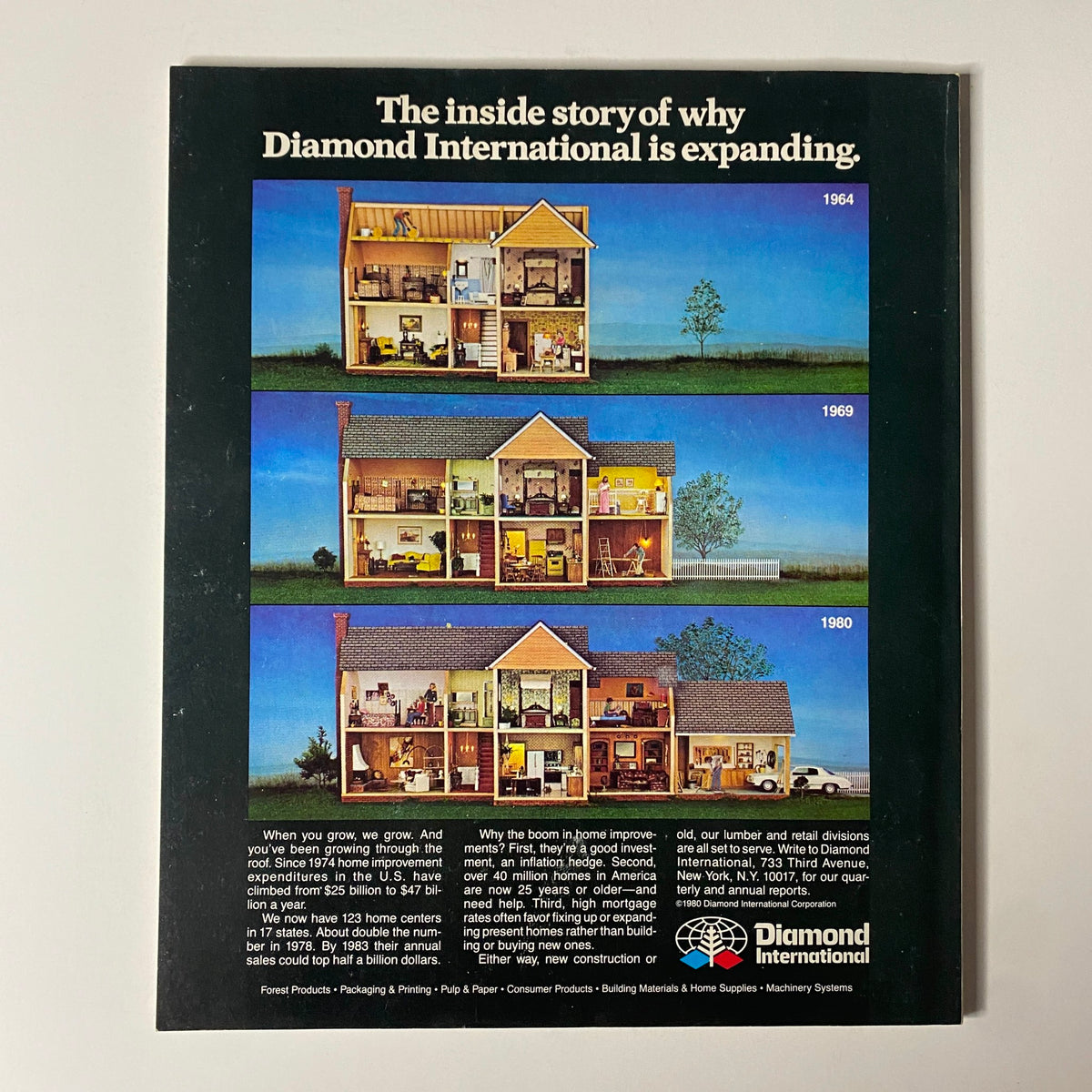 Back cover of Fortune Magazine June 30, 1980, showcasing an advertisement for Diamond International’s expansion and home improvement market.