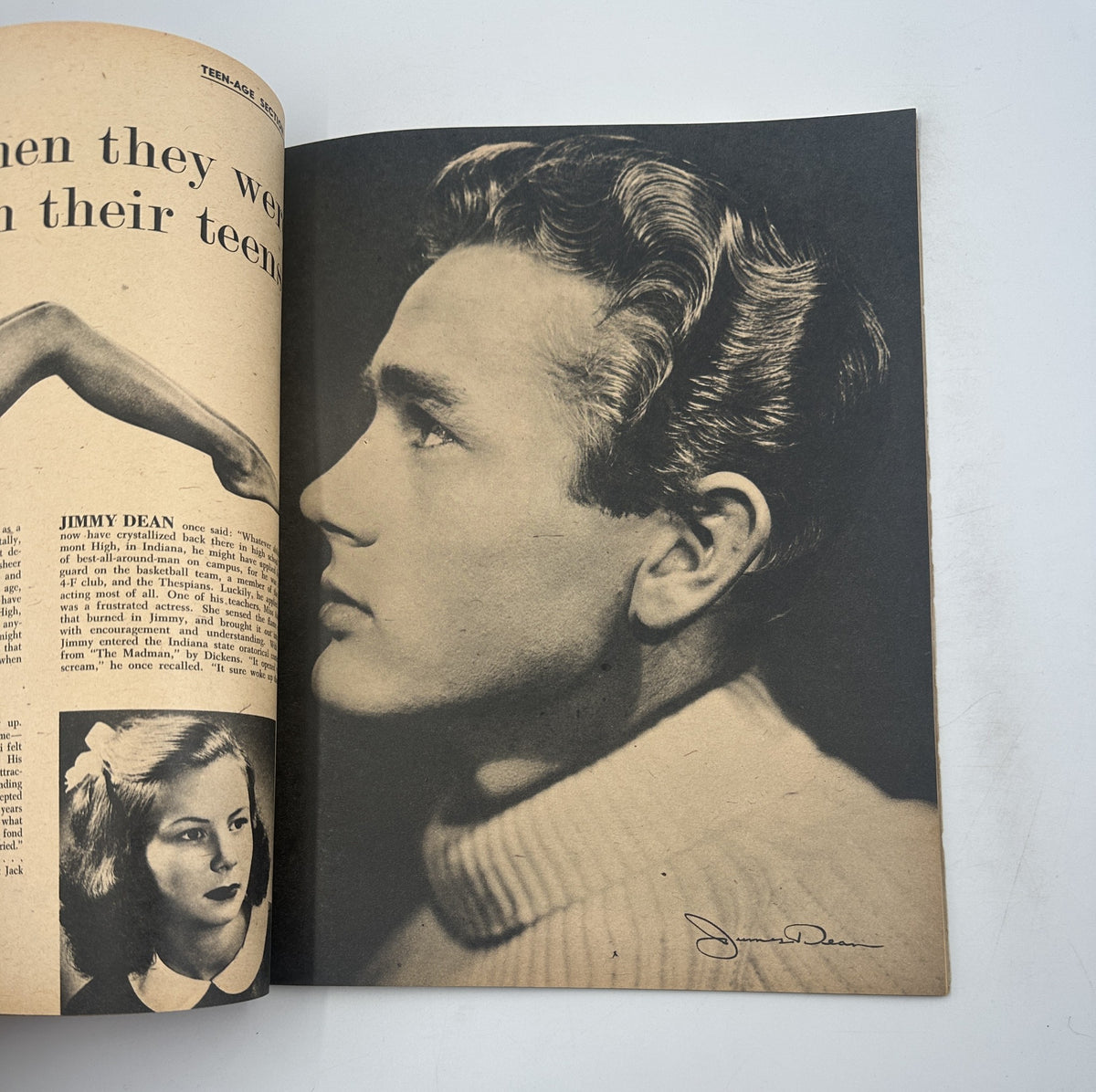 Interior page of Screen Album Magazine February 1957 featuring a profile photo of a young James Dean, capturing the essence of classic Hollywood.