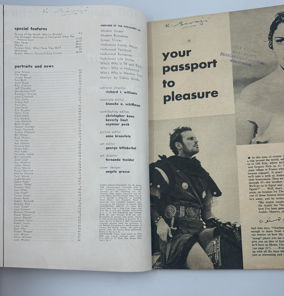Inside page of Screen Album Magazine February 1955 displaying the Table of Contents and an article titled 'Your Passport to Pleasure'.