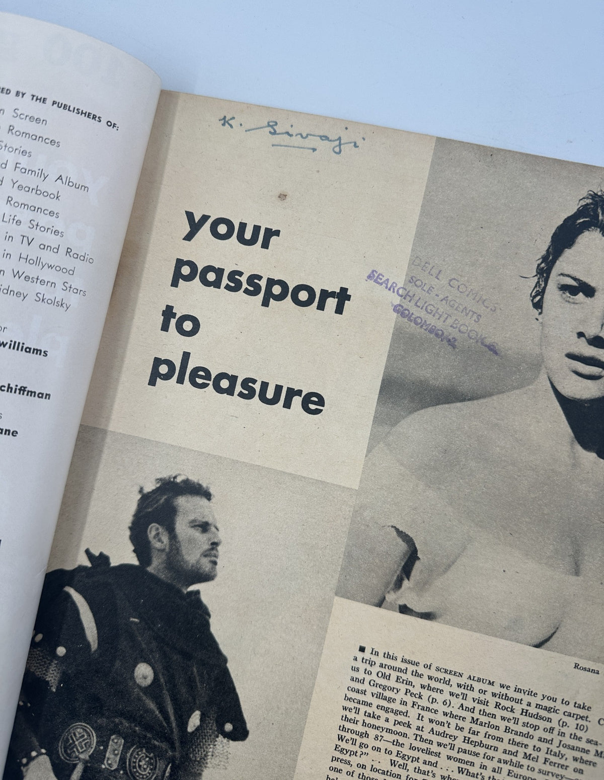 Close-up of an article page from Screen Album Magazine February 1955 with the title 'Your Passport to Pleasure'.