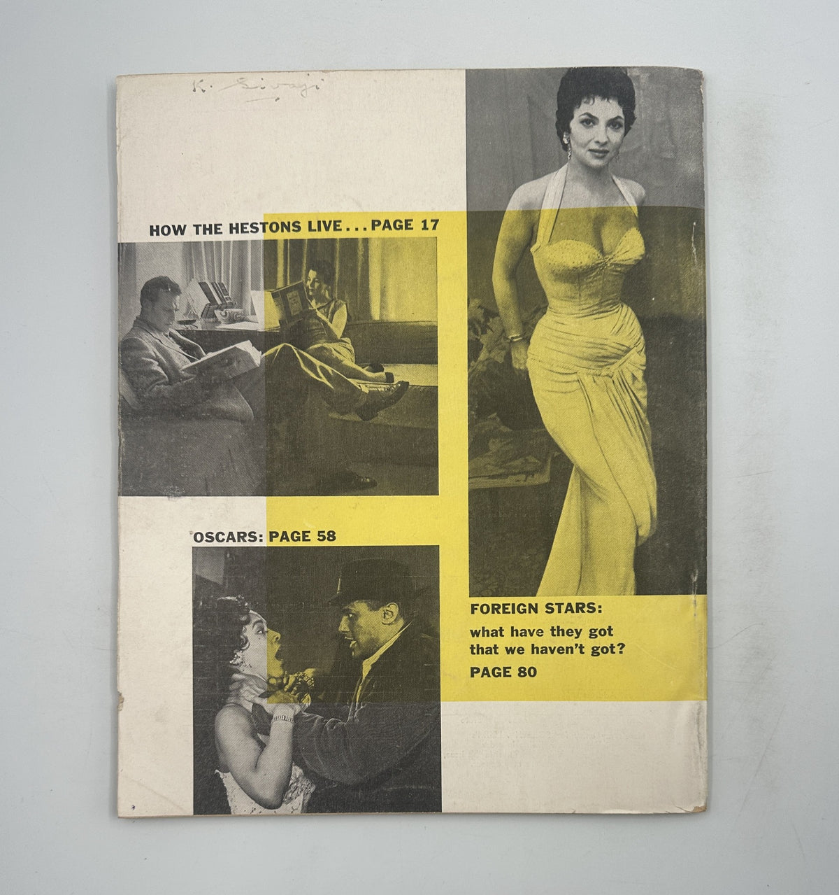 Cover of Screen Album Magazine February 1955 showcasing features on Hollywood, including articles on the Hestons, the Oscars, and foreign stars with a striking image of a woman in a form-fitting dress.