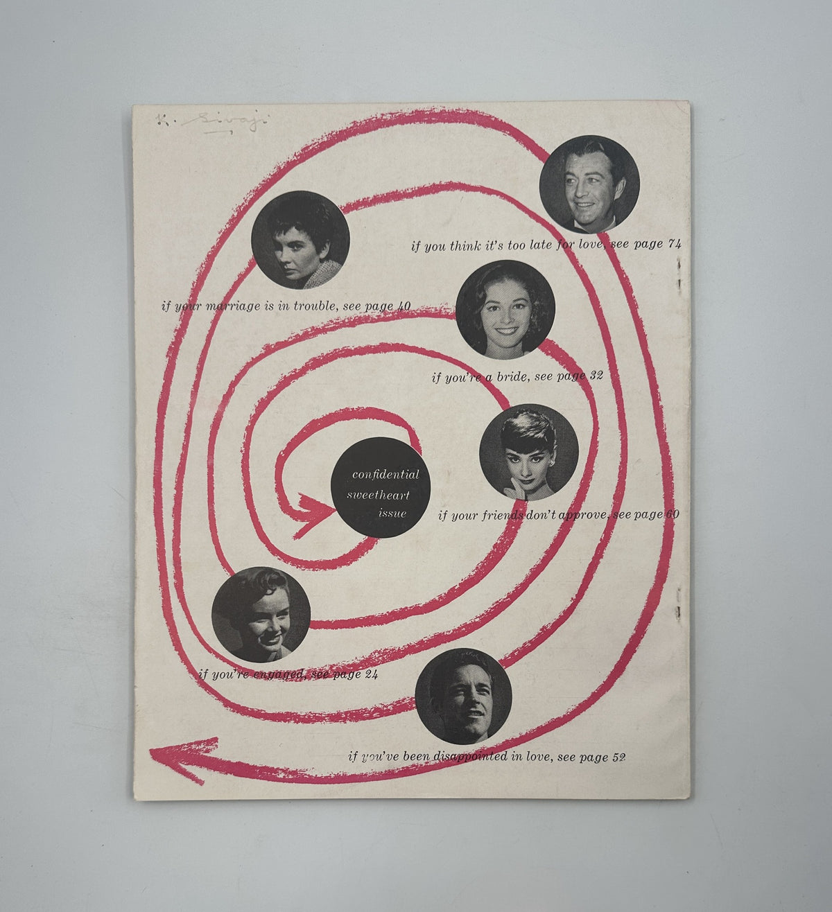 Cover of Screen Album Magazine May 1955 with a unique spiral design and text guiding readers to various articles, capturing vintage magazine style.