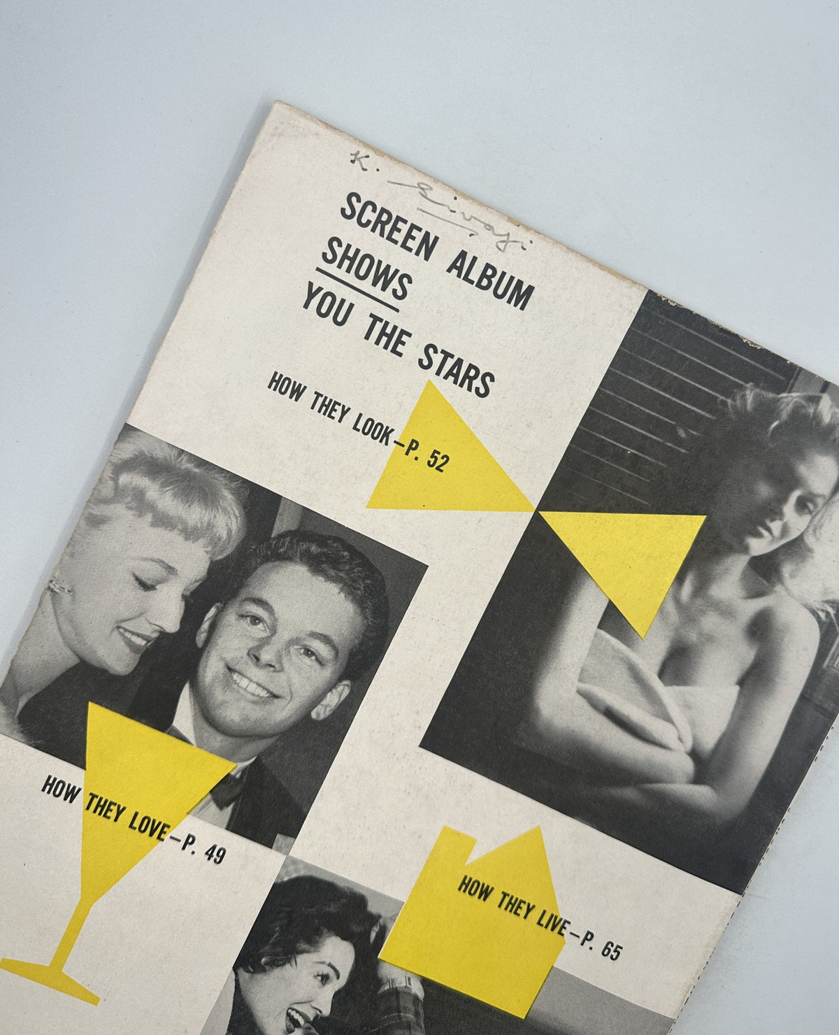 Detail of the cover from Screen Album Magazine May 1956 highlighting themes of celebrity appearances and relationships.