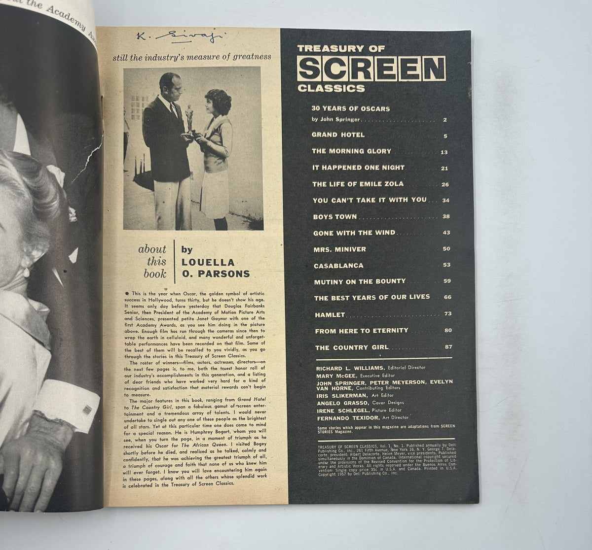 Interior page of Treasury of Screen Classics Magazine 1957 featuring a photo of an award presentation, along with the Table of Contents listing iconic films such as '30 Years of Oscars' and 'Gone With the Wind'.