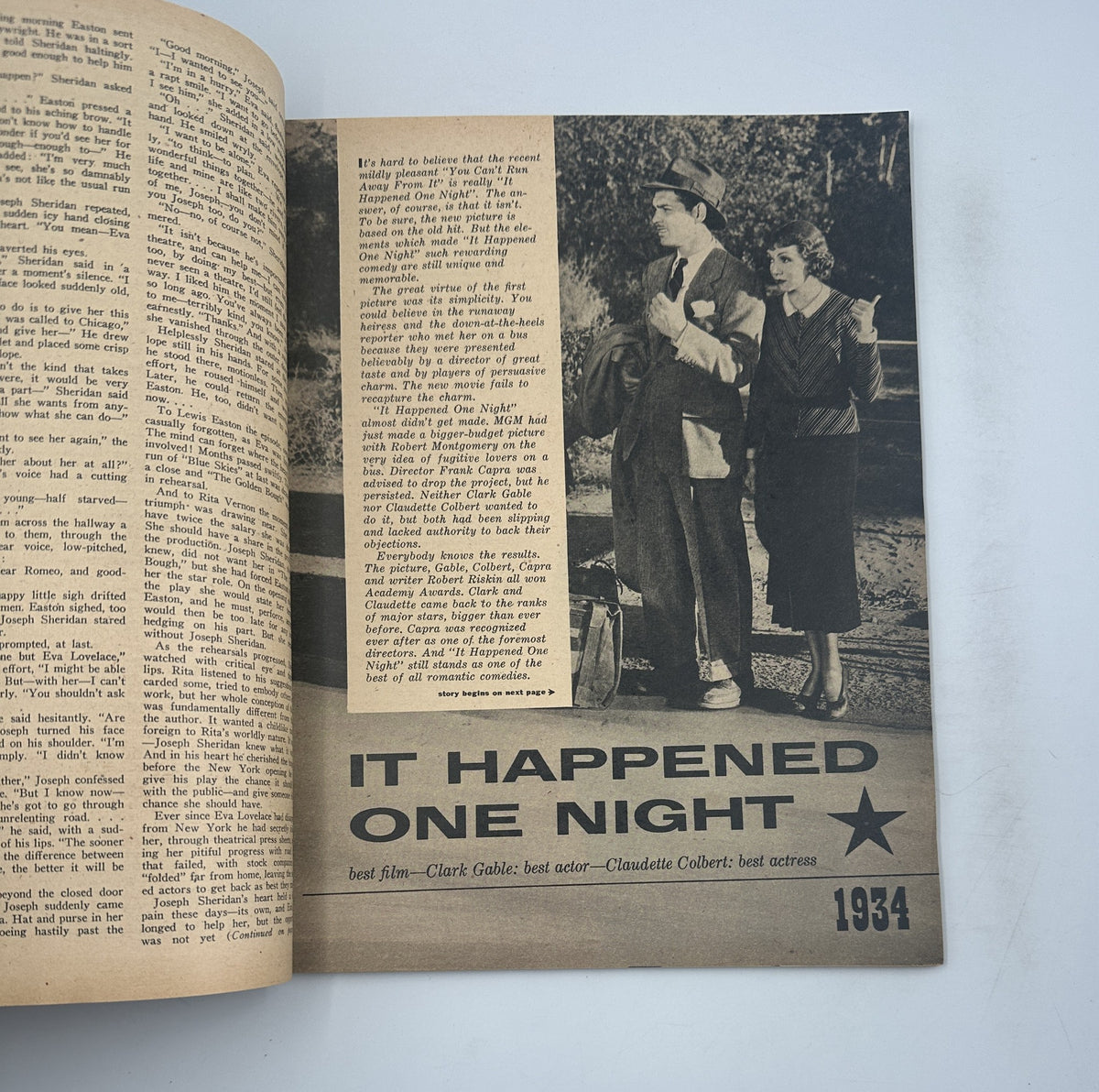 Page from Treasury of Screen Classics Magazine 1957 showcasing the film 'It Happened One Night' with images of Clark Gable and Claudette Colbert, discussing the film's prominence in cinema history.