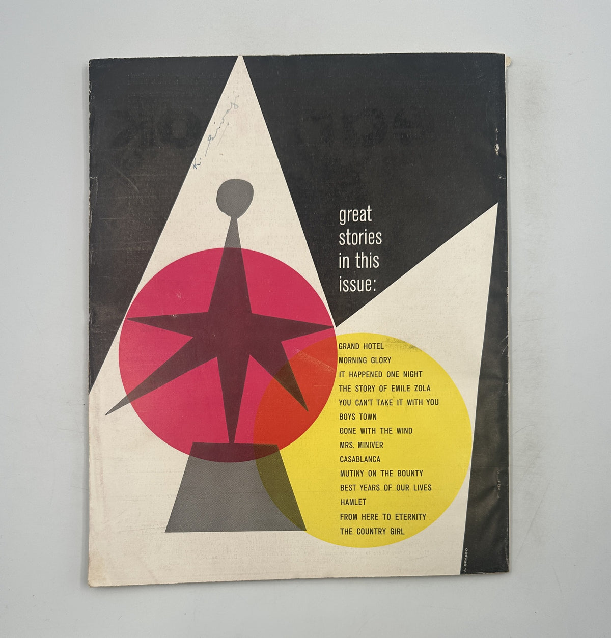 Cover of Treasury of Screen Classics Magazine 1957, featuring a colorful design with a list of highlighted movies such as 'Grand Hotel', 'Casablanca', and 'From Here to Eternity'.